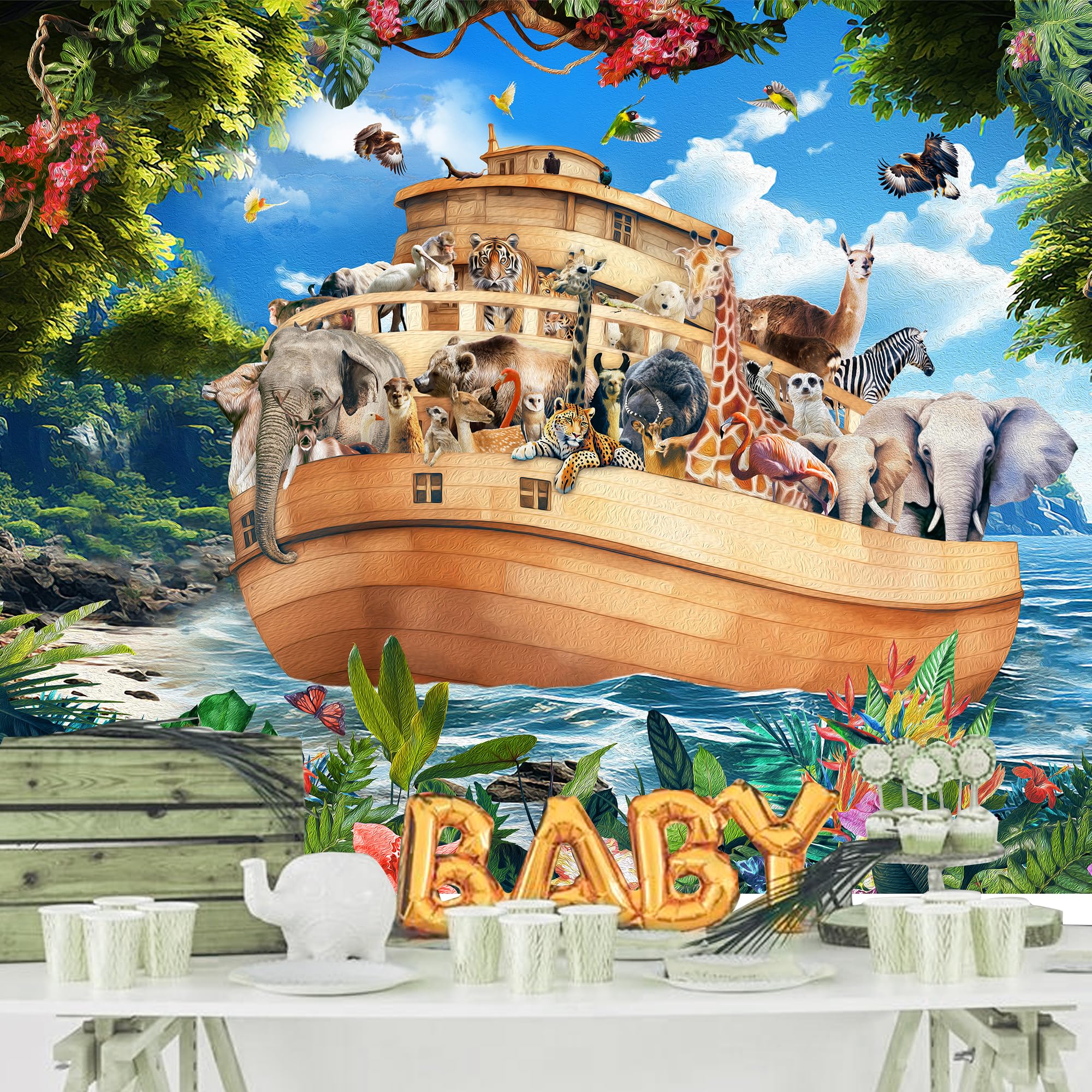 Glawry Noahs Ark Birthday Decorations Backdrop 7Wx5H Feet Safari Animal Baby Shower Banner Jungle Sign Tropical Leave Woodland Wildlife for Newborn Party Decor Photo Booth Props Supplies
