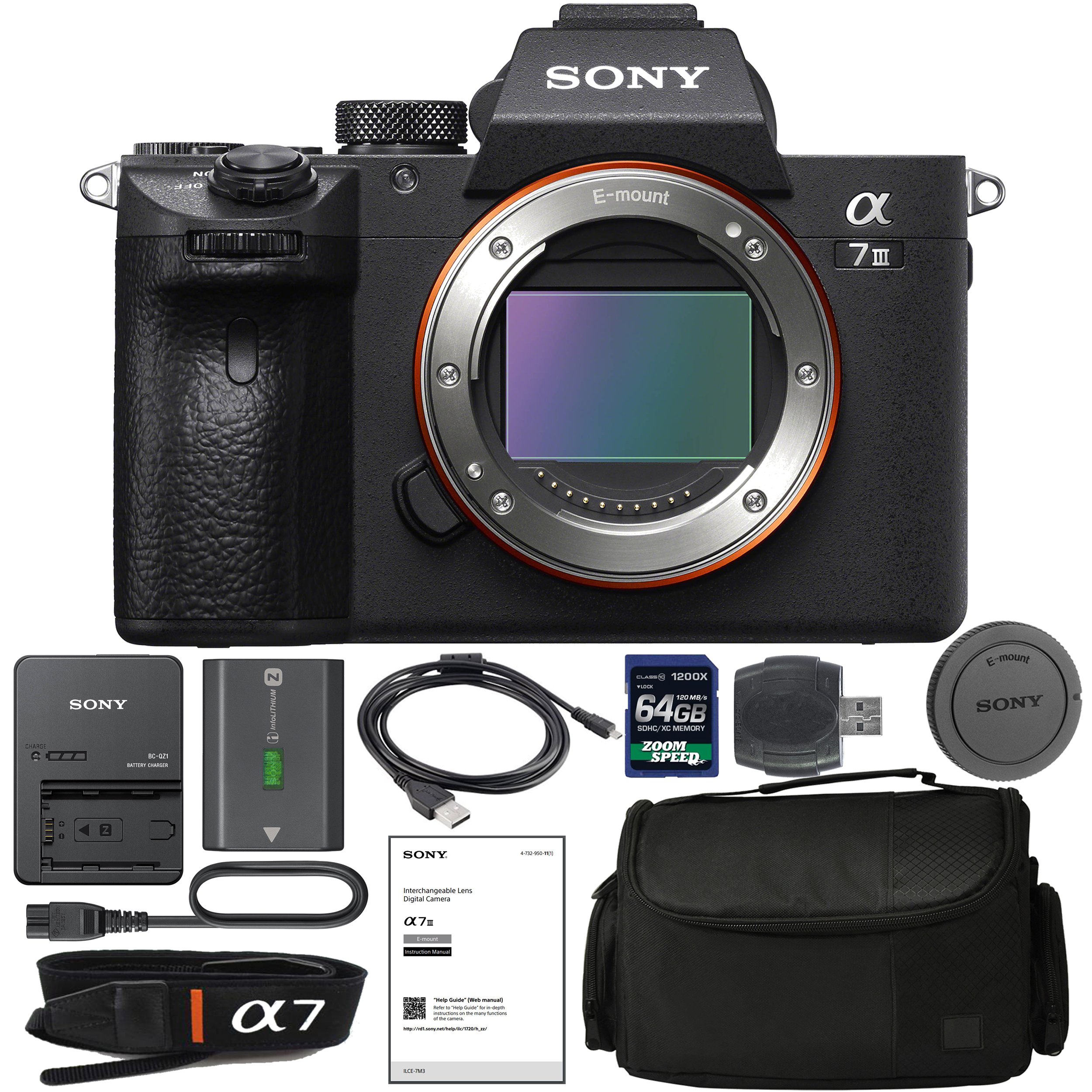 ZoomSpeed Bundle for Sony Alpha a7 III Mirrorless Digital Camera (Body Only) with NP-FZ100 Battery, 64gb SDXC 1200x Card, Card Reader, Carrying case, Charger Bundle Kit