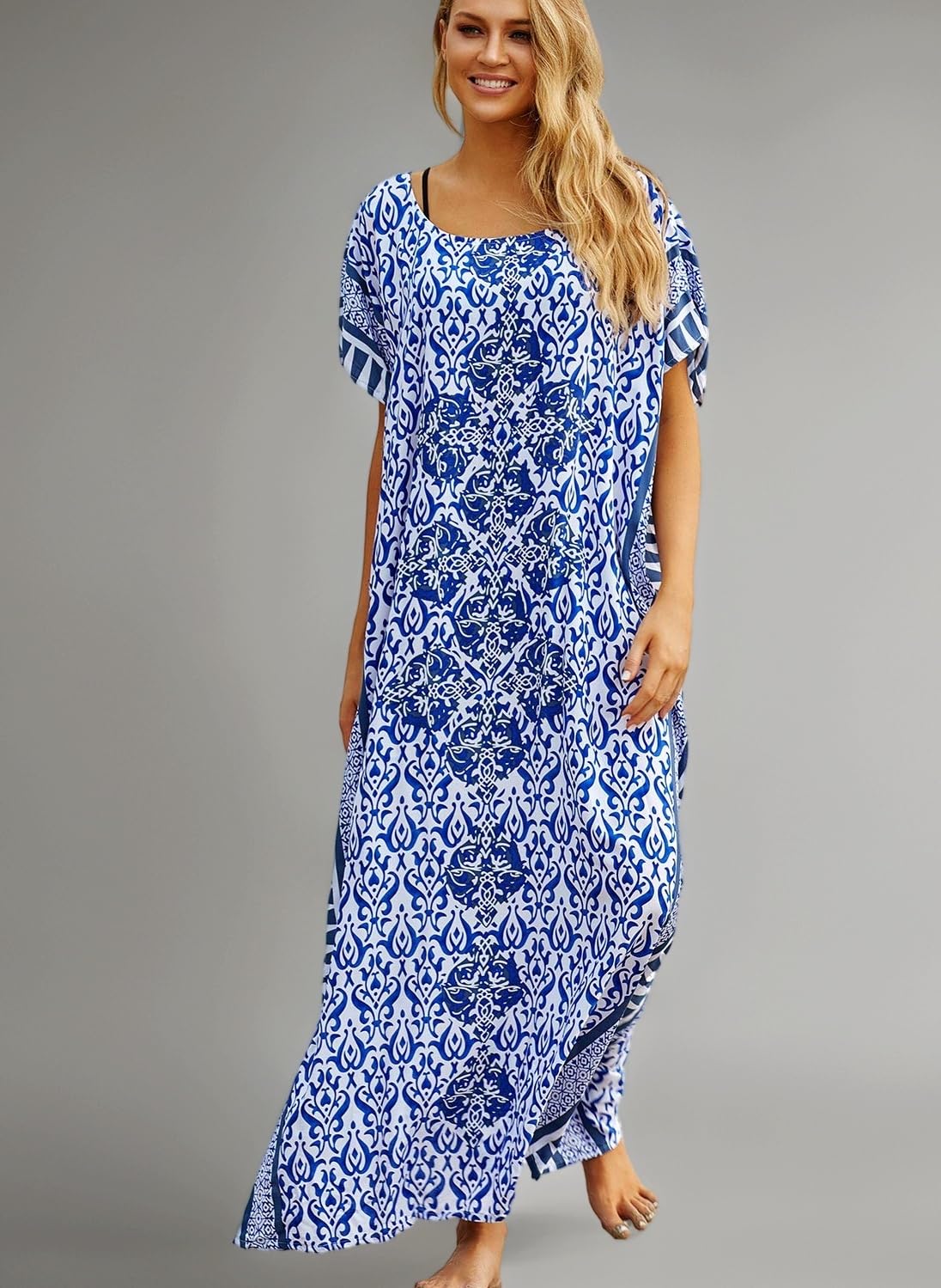 Women's Cotton Print Kaftan Swimsuit Kimono Cover Up Loose Beach Robe Maxi Dress