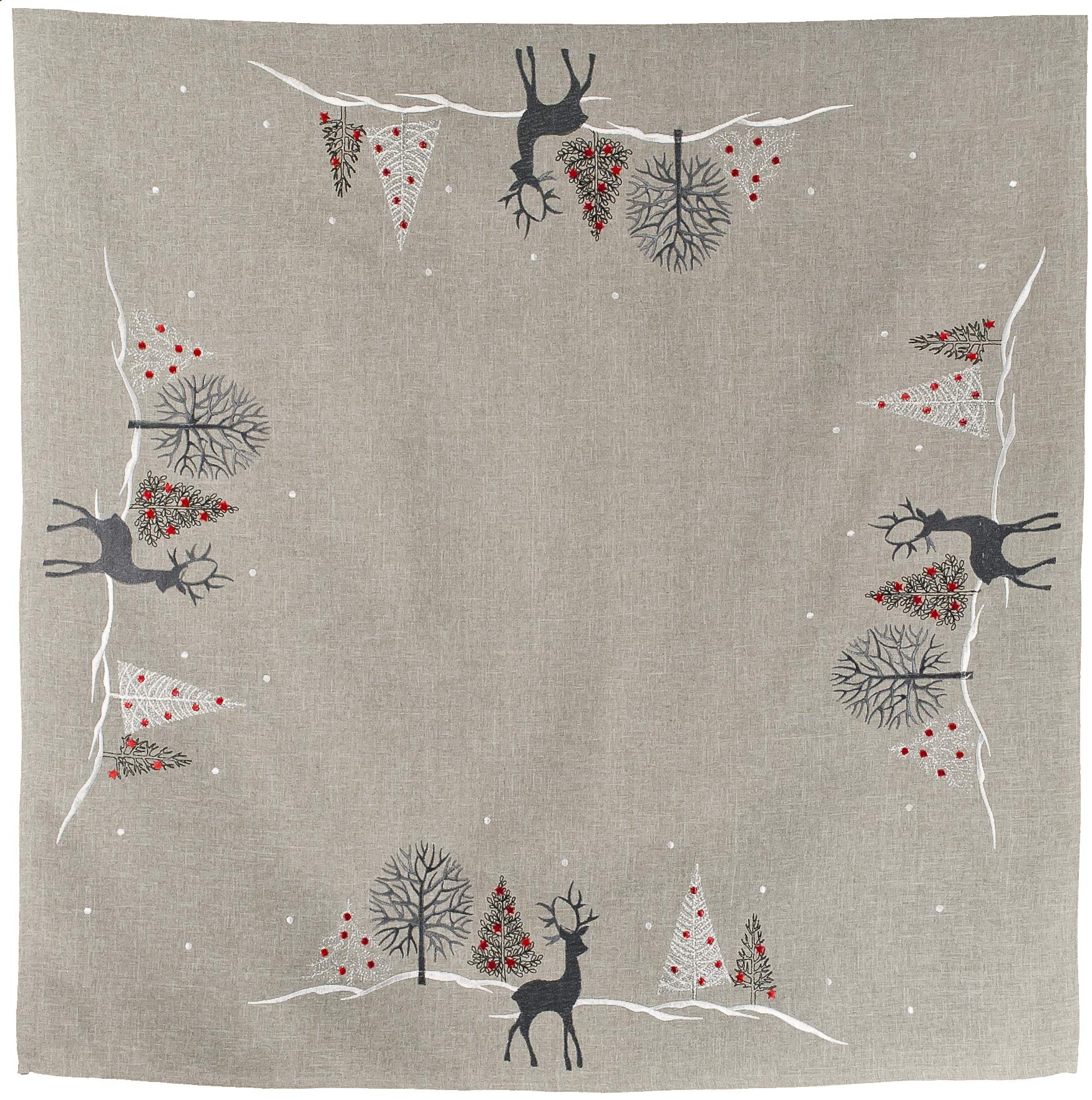 Linens, Art and Things Embroidered Christmas Holiday Reindeer & Christmas Scene on Grey Table Topper, Small Tablecloth (34 Inch Square)