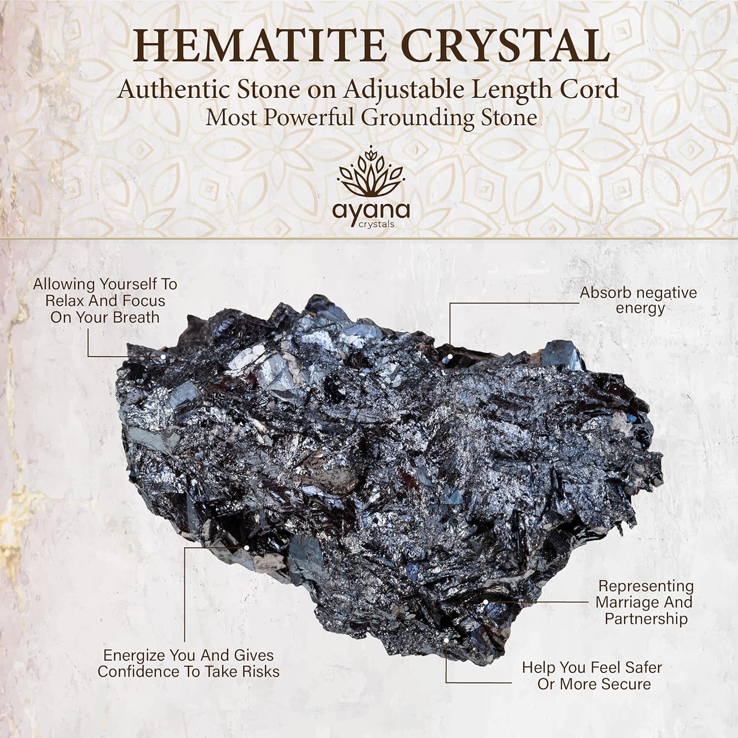 Ayana Crystals Hematite Crystal Healing Necklace for Women – Genuine & Handcrafted, Raw Hematite Pendant for Spiritual Balance, Aries Birthstone, Root Chakra Energy - Image 2