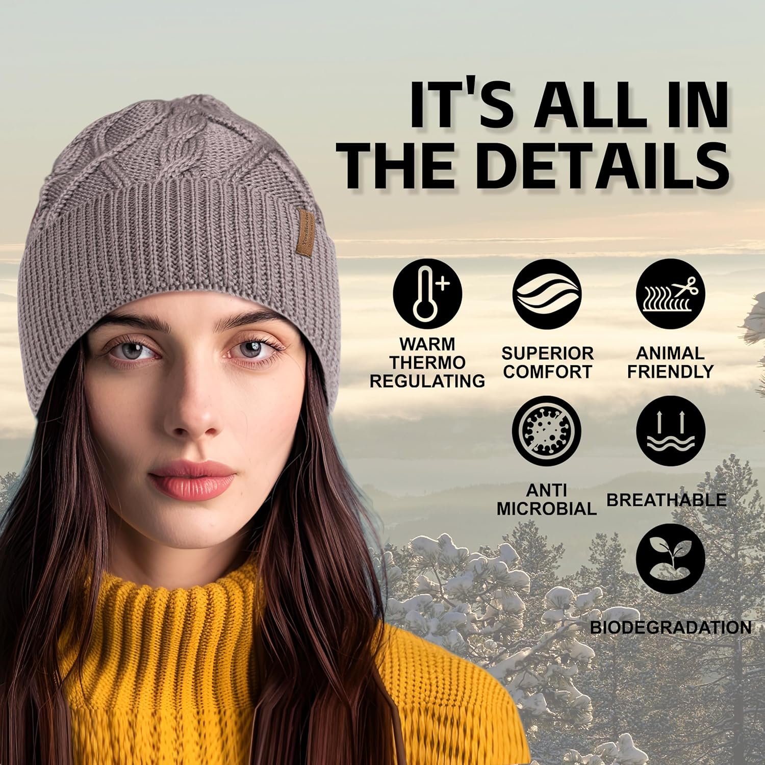 100% Merino Wool Beanie for Men Women, Knit Cuffed Winter Hat, Lightweight Warm Breathable Cap, Unisex Outdoor Gift