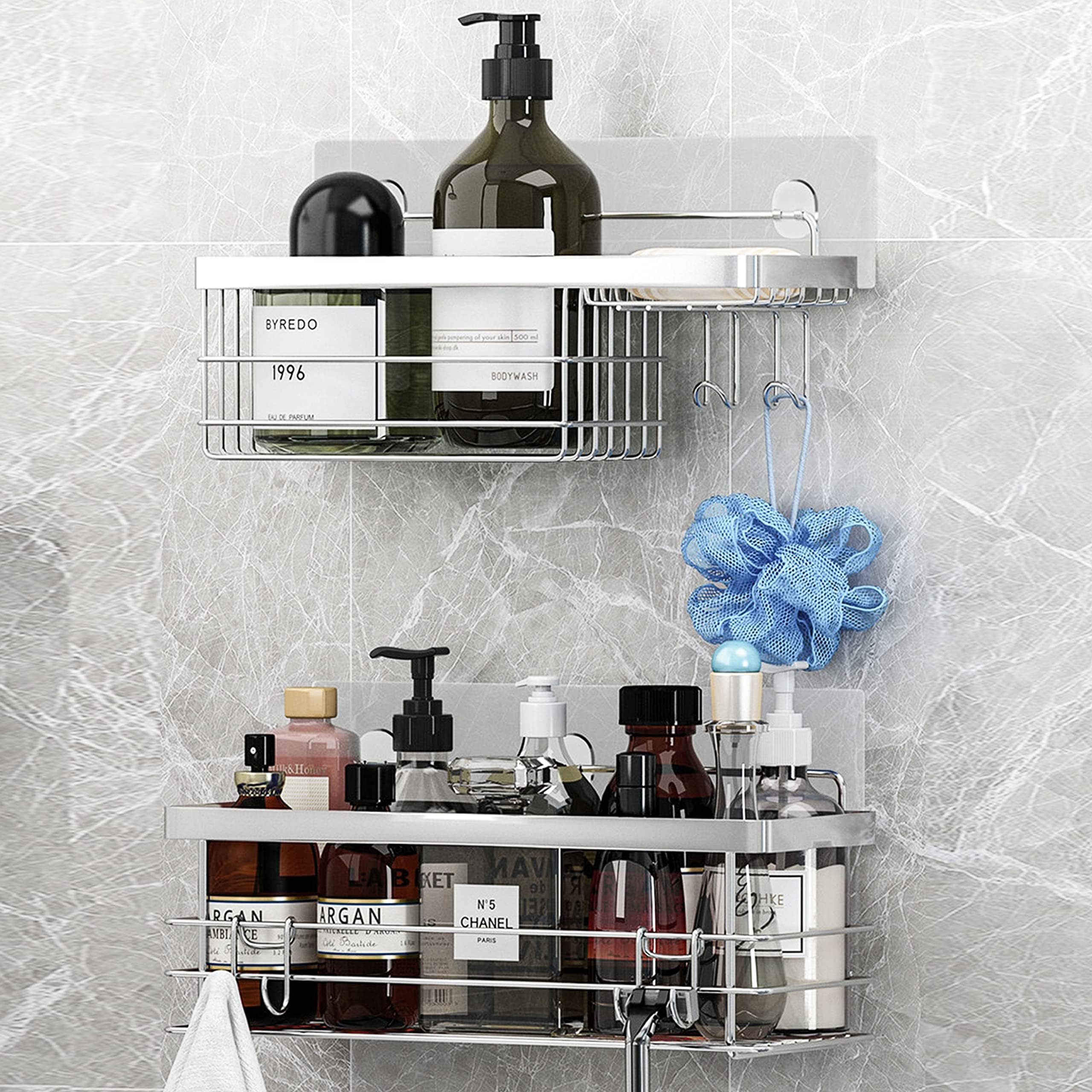 KESOL Shower Caddy and Soap Dish with Hooks Shower Shelf Organizer, No Drilling Adhesive Wall Mounted Bathroom Shelf, Rustproof SUS304 Stainless Steel (2 Pack), Silver