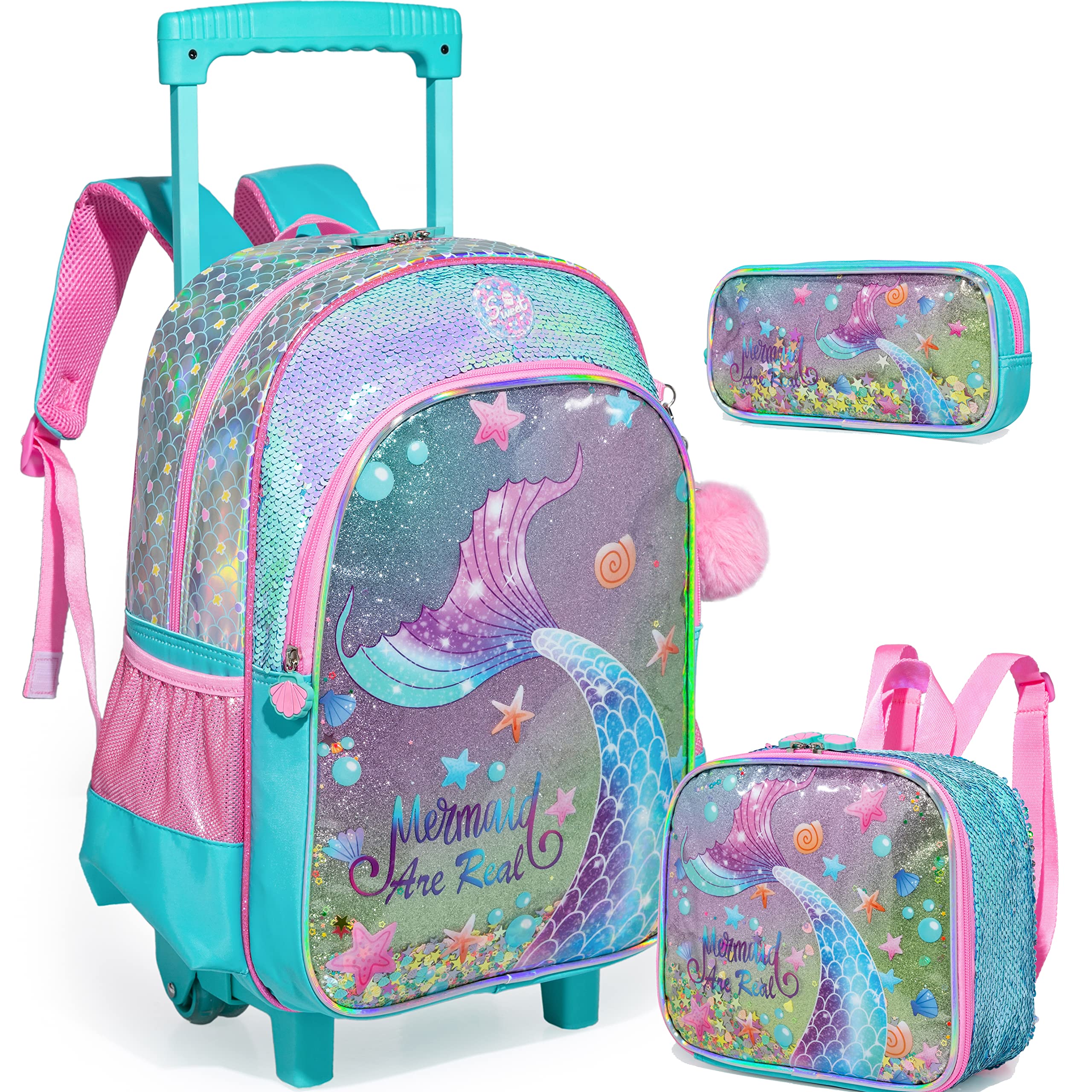 ZBAOGTW Mermaid Rolling Backpack for Girls with Lunch Box Kids Backpack with Wheels for School Sequin Rolling Backpacks for Kindergarten Girls Trolley