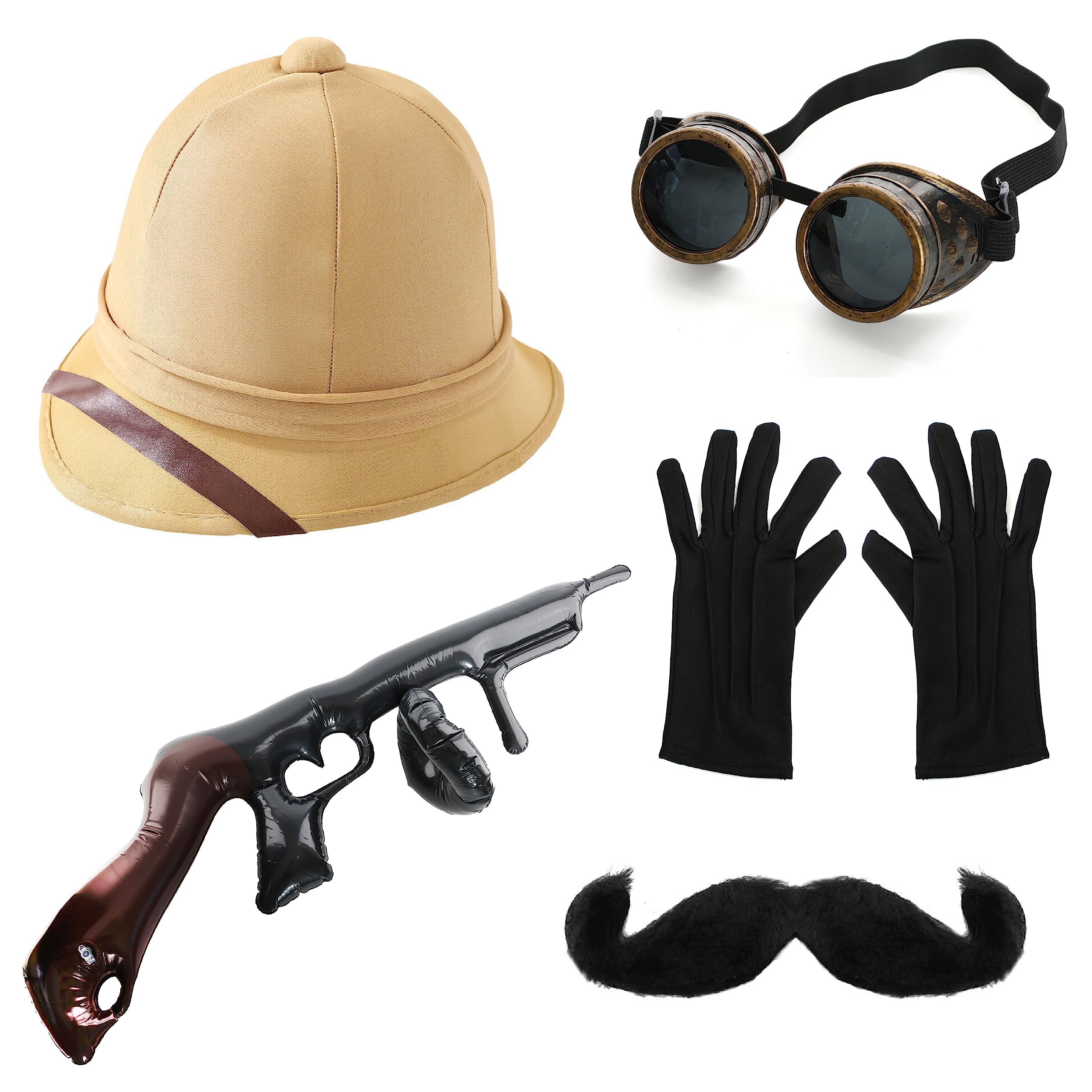 Hunter Explorer Accessory Set - Pith Hat, Goggles, Inflatable Tommy Gun, Black Moustache, and a Pair of Black Gloves - Perfect for Explorer Themed Party Fancy Dress and Other Fancy Dress Events