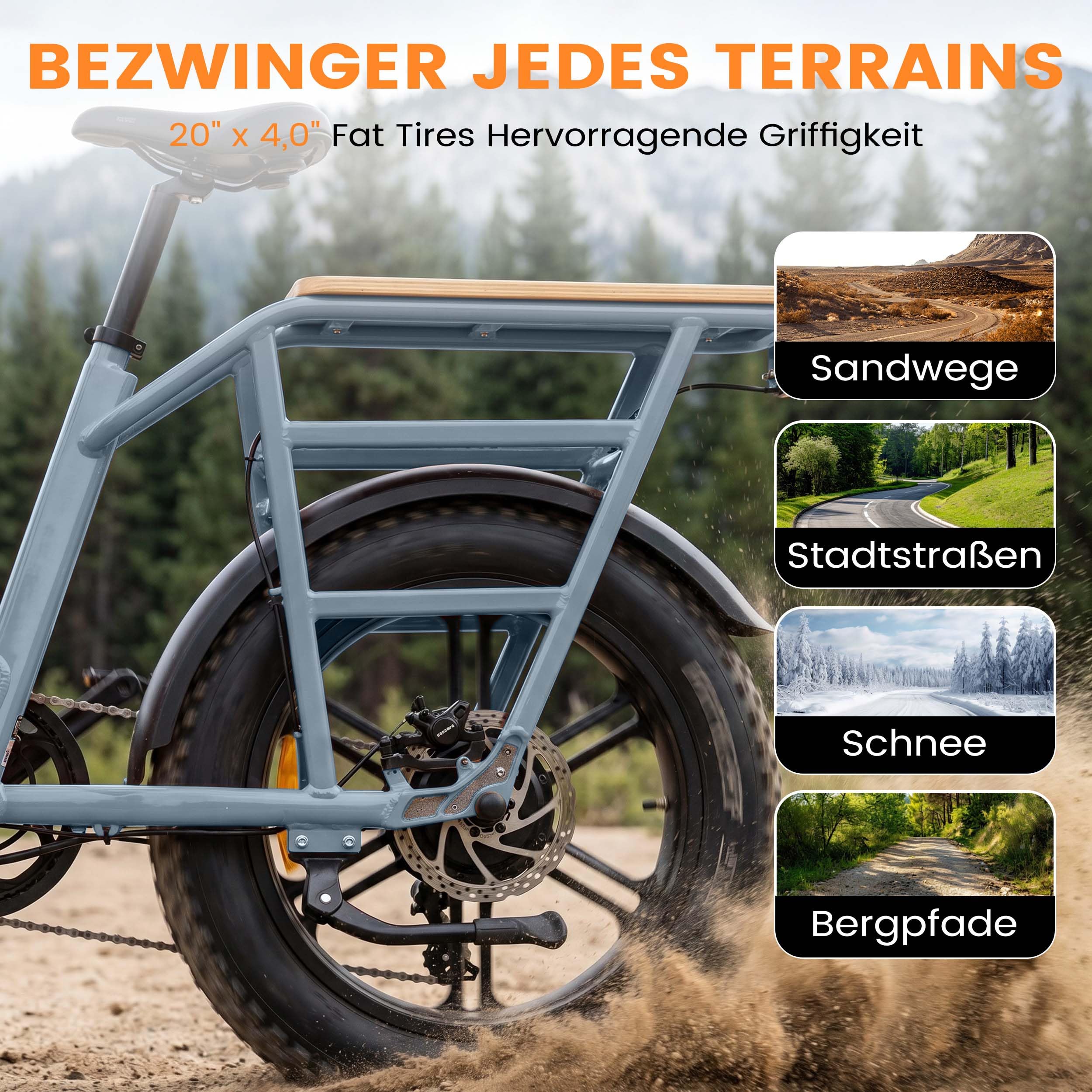 Elektric Cargo Bike Fat Tire E-Bike 20 Zoll 200kg Zuladung 960Wh, 25km/h Elektrofahrrad 100km Reichweite, Hydraulikbremsen für Erwachsene