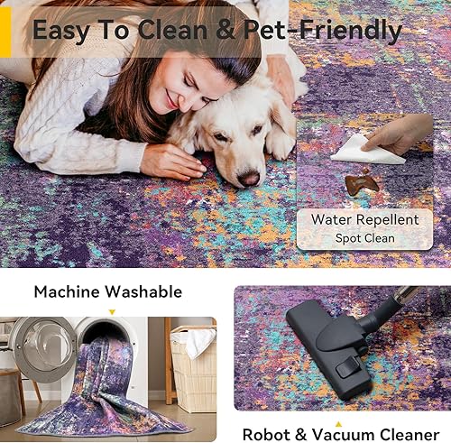 Miniatura 5 de Alfombras lavables de 5 x 7 pies, antideslizantes, modernas, abstractas, suaves para sala de estar, entrada, dormitorio, guardería, patrón impreso,