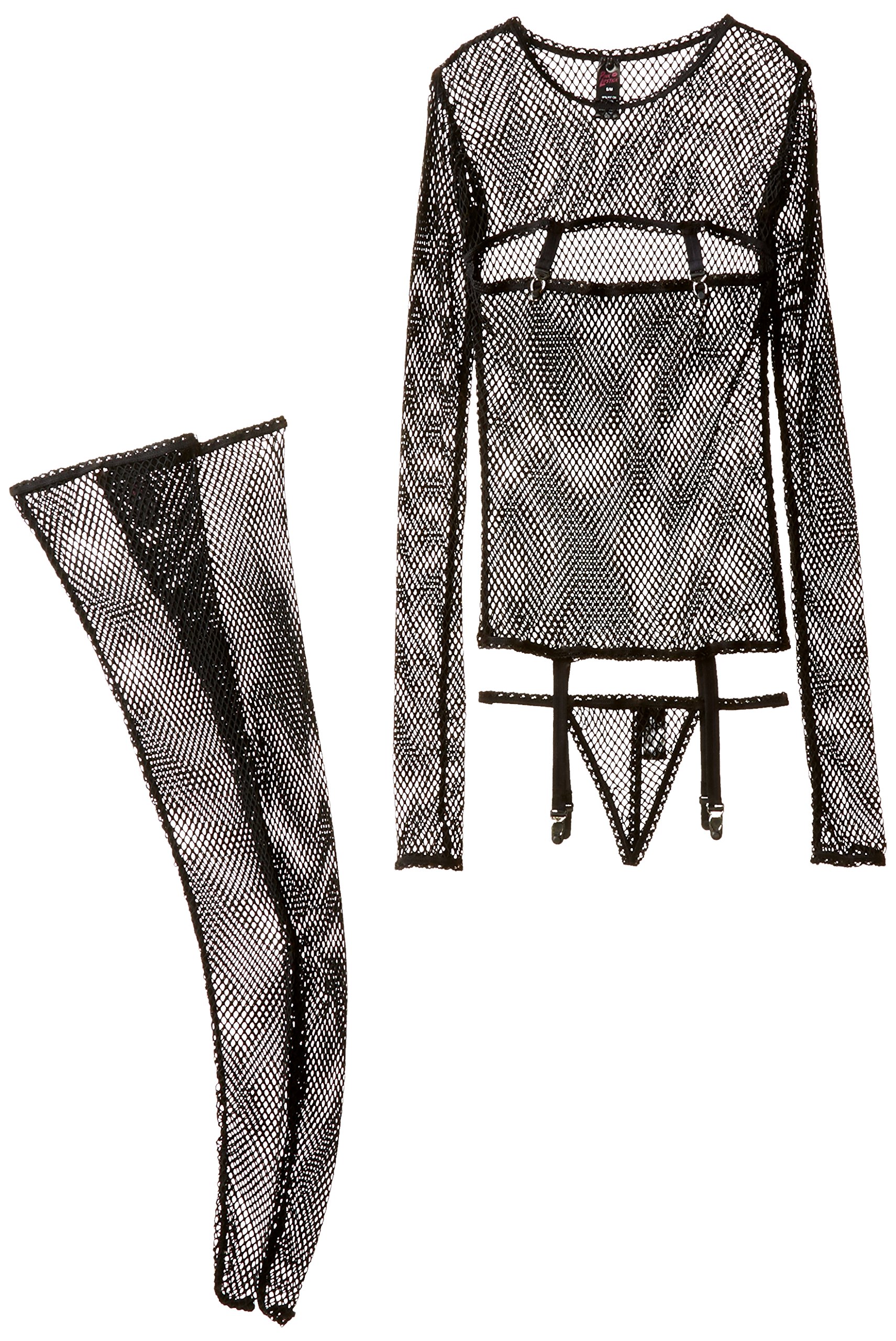 Pink Lipstick Women's Forbidden Fishnet Long Sleeve Garter Top, G-String and Thigh High Set