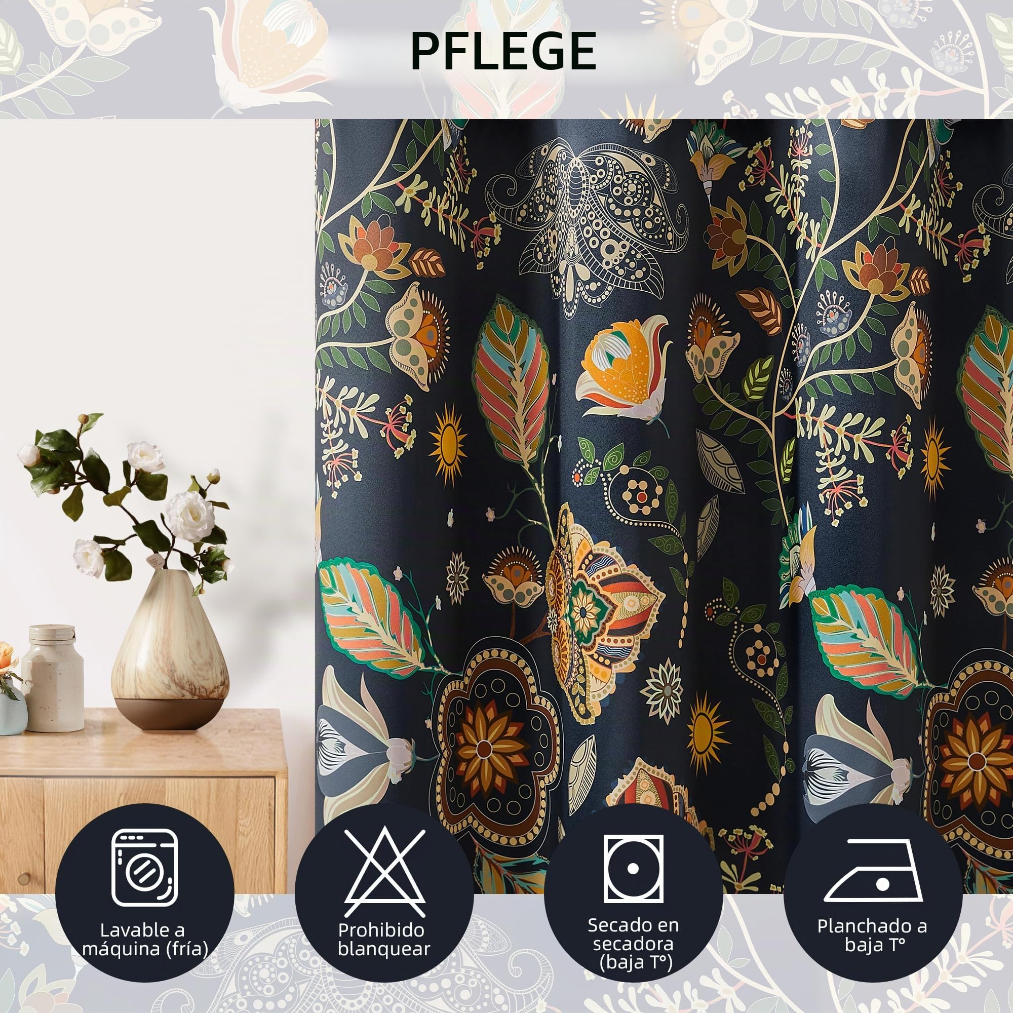 XiDi Dunkelblau Luxus-Pflanzen-Verdunkelungsgardinen 132x244cm Thermoisolierung Ösenbefestigung Retro-Großblumenmuster für Modernes Wohnen Navy Blue52/96