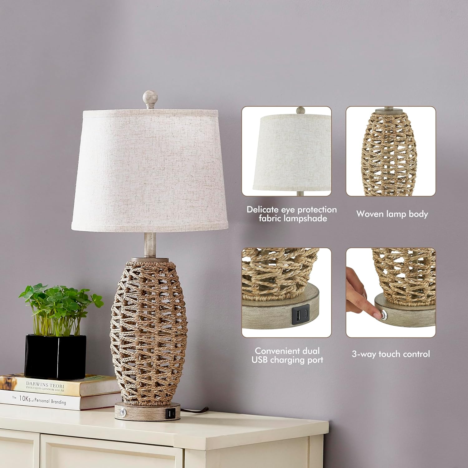 27” Natural Rattan Table Lamps Set of 2,Touch Switch,3-Way Dimmable Bedside Lamps, with A+C USB Charging Ports,Oatmeal Lampshade,Farmhouse Table Lamp for Bedroom, Living Room(2 Bulbs Included)