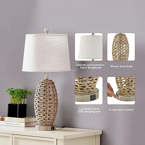 Miniatura 6 de Juego de 2 lámparas de mesa de ratán natural de 27 pulgadas, interruptor táctil, lámparas de noche regulables de 3 vías, con puertos de carga USB