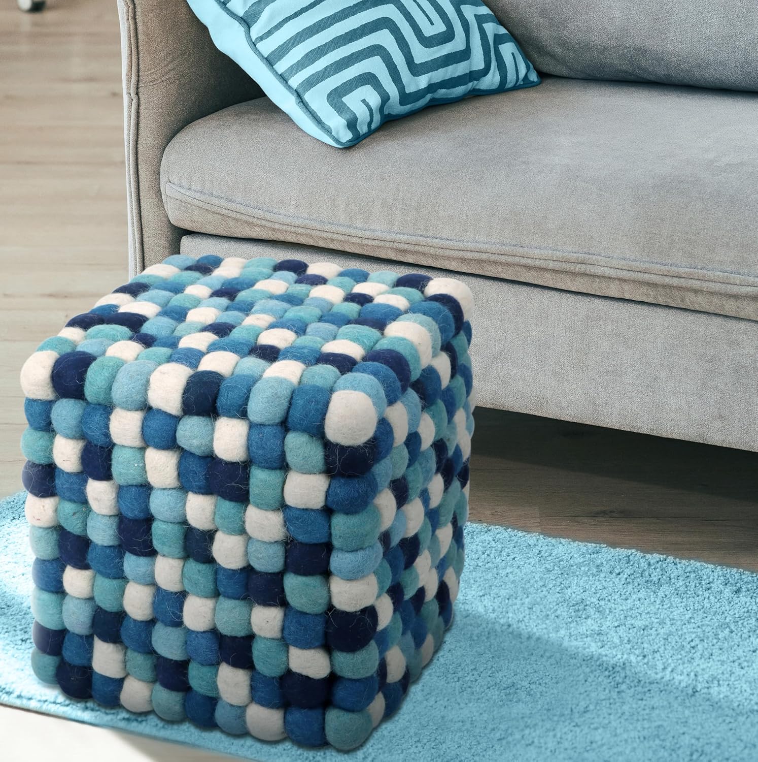 CLEENTABLE 12" Braided Square Pouf - Wool & Polystyrene Ottoman Footrest – Boho Style Floor Seat for Living Room or Bedroom (Blue White)