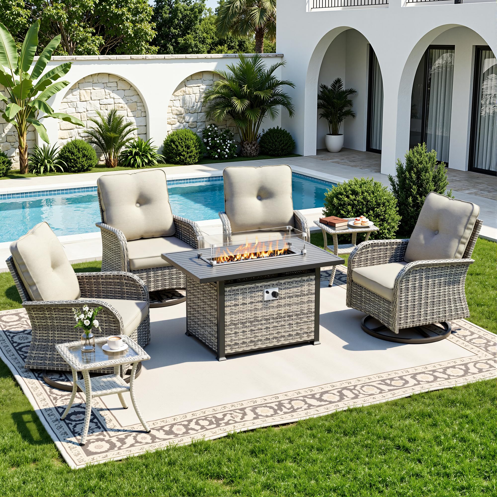 7-Piece Small Patio Furniture Set, Outdoor Swivel Rocking Chairs Set with 55,000 BTU Fire Pit Table Wicker Chairs and Tempered Glass Side Table, Patio Bistro Set for Balcony, Deck, Porch
