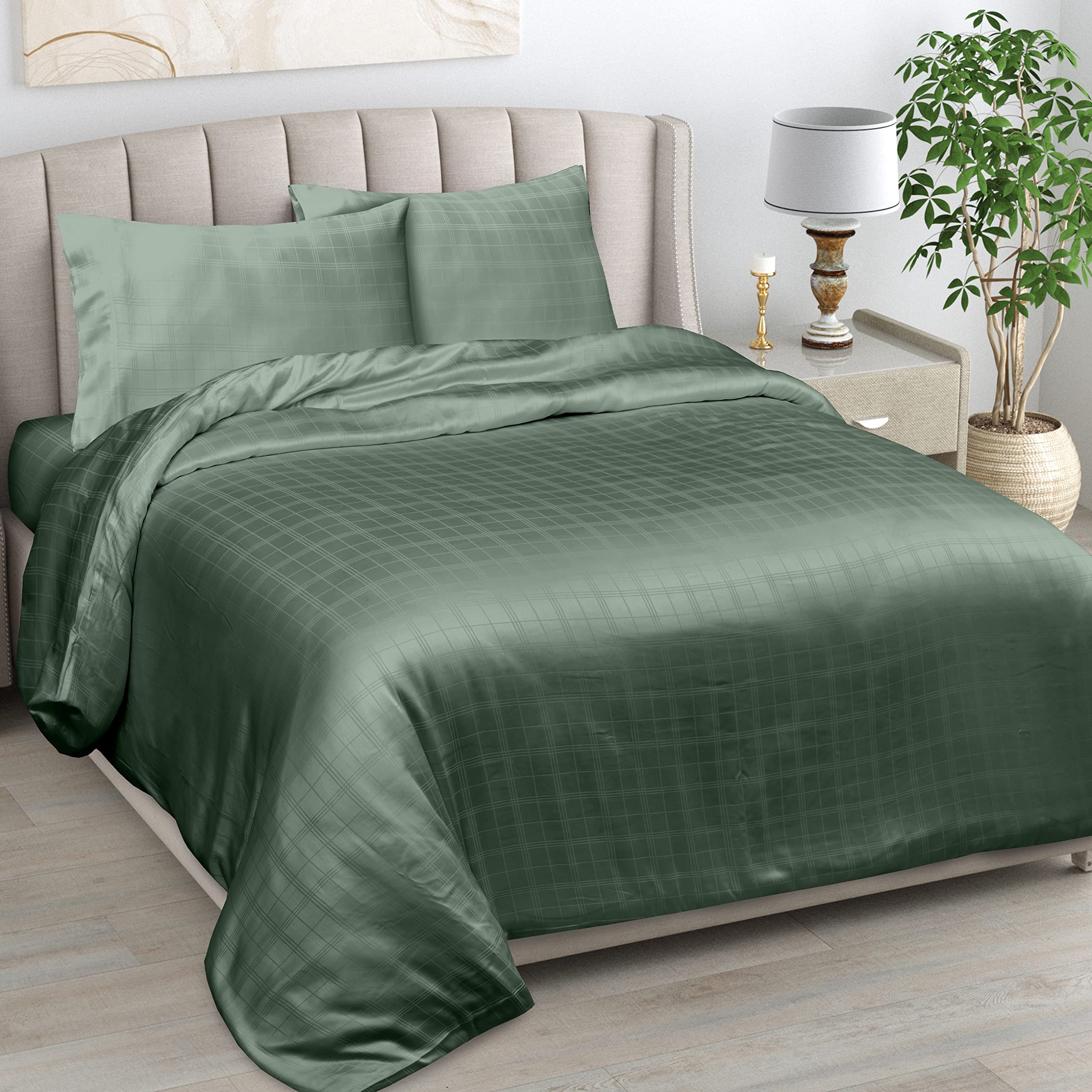 LINENWALAS 100% Organic Bamboo Bed Sheets, Deep Pocket Sheets, Checkered Design Silk Sheets 4pc Bed Sheet Set – 1 Fitted & Flat Sheet with 2 Pillowcases (Avocado Green, Double) — image 1