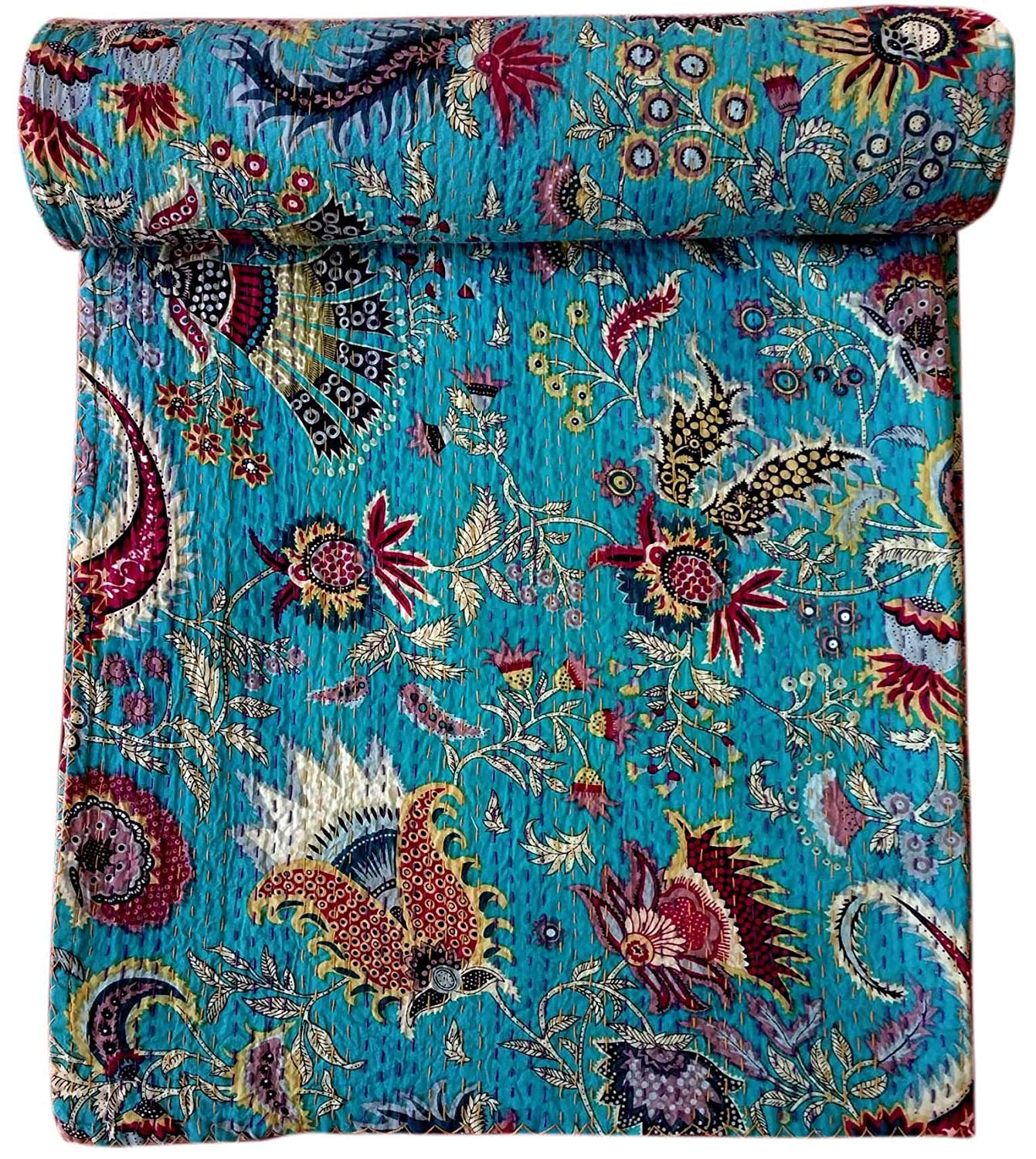 Textile Work Creations TI AMO Bird Print Cotton Handmade Bedspread Kantha Quilt King Size Bohemian Bedspread Kantha Quilt Single (90 X 108 Inches (Queen Size), Turquoise)-image-27
