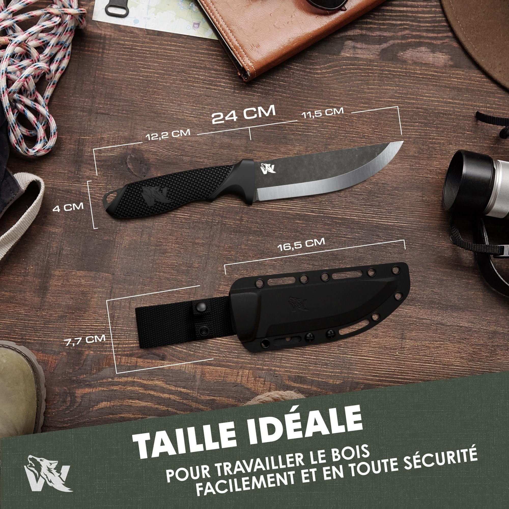 Wolfgangs W-SCANDI Angelmesser mit feststehende Klinge - Inkl. Scheide - Ideales Outdoor-Messer aus einem Stück D2 Stahl gefertigt - Premium Survival Messer - Perfektes Bushcraft Messer Outdoor
