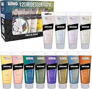 U.S. Art Supply Professional 12 Color Set of Iridescent Acrylic Paint, Large 75ml Tubes - Luminescent Special Effect Chameleon Color-Shifting Pearl Colors - Artists, Canvas Painting, Paper, Wood, Rock