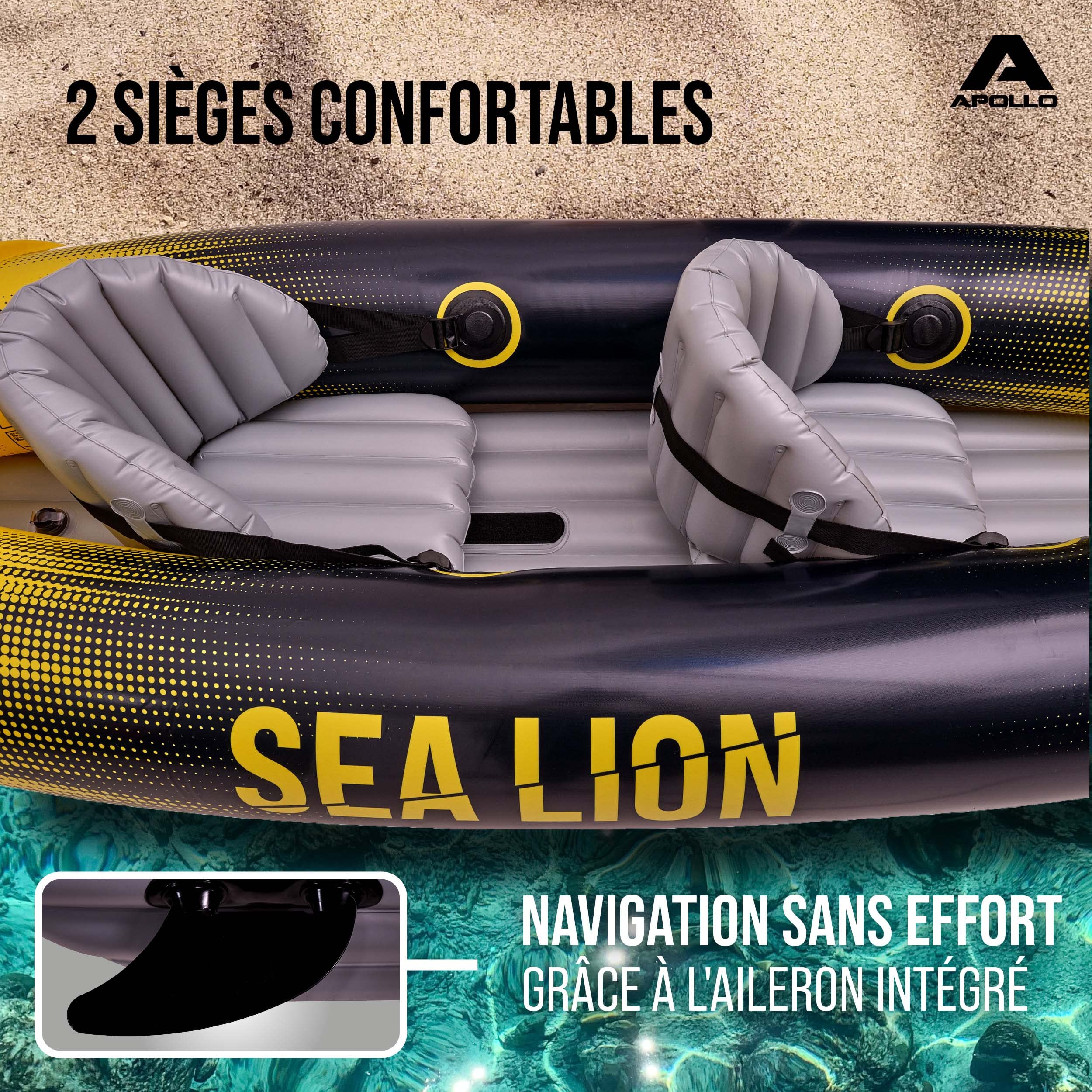Apollo - Kayak Sea Lion - Kayak gonflable extra spacieux - 312 x 91 x 51 cm - Canoë stable et léger - Kayak gonflable confortable et maniable - Pour 2 personnes - Occupation maximale - Kit complet
