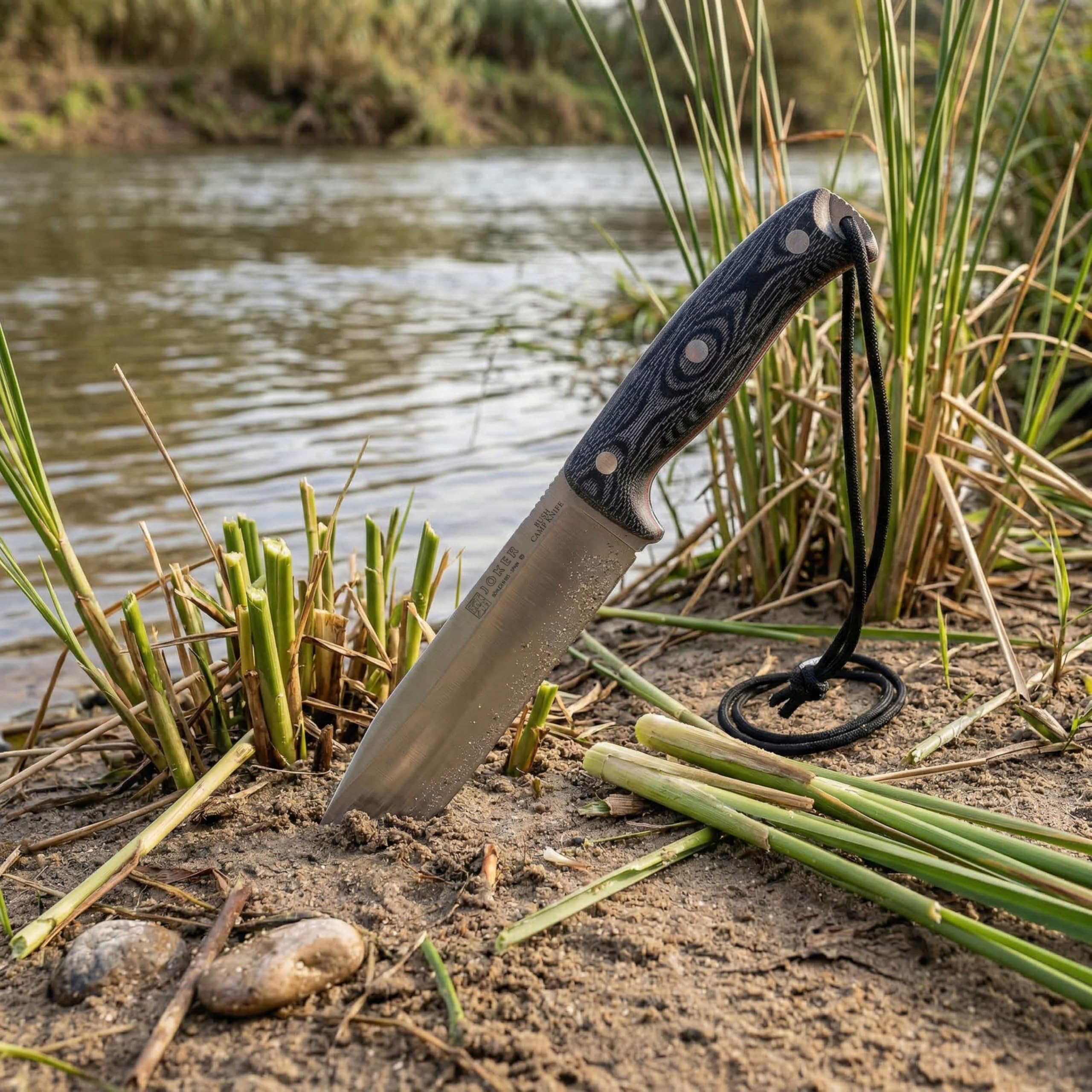 Joker CM146 Bush Camp Knife Survivalmesser 20 cm Böhler N695 Stahl, Full Tang Bushcraft Messer mit Micarta Griff, Lederscheide und Paracord 550, hergestellt in Albacete Spanien