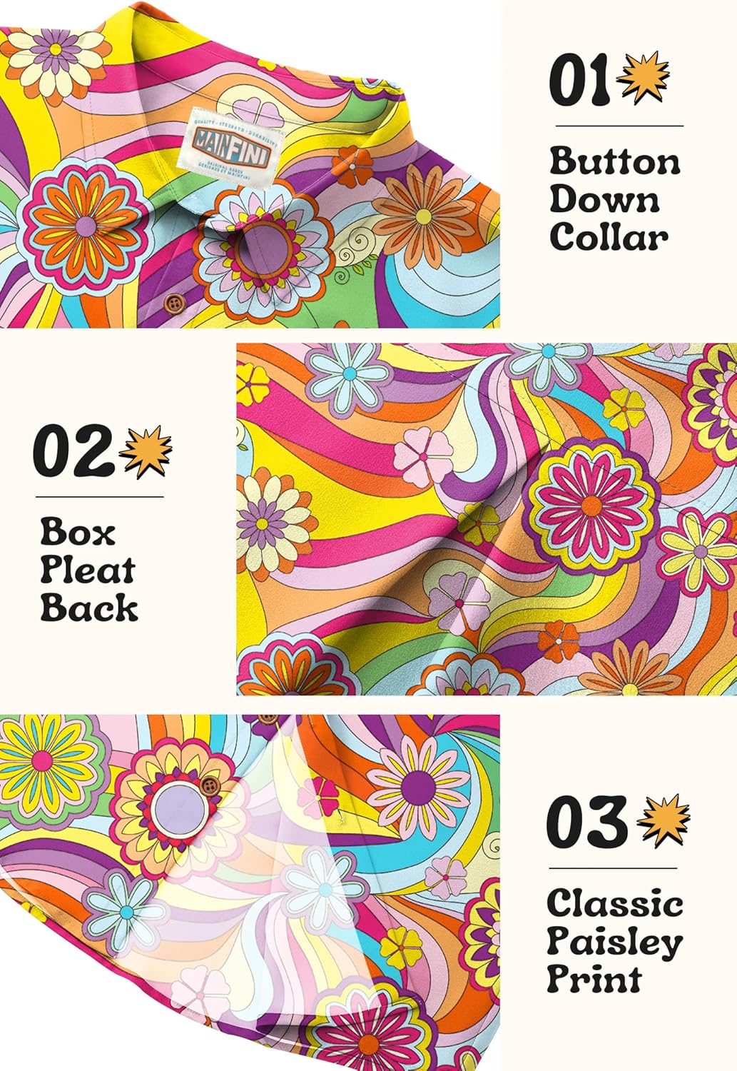 Mainfini Men's 70s Hippies Dress Shirt Floral Paisley Printed Long Sleeve Button Shirts (S-XXL) - Image 6