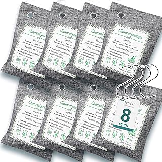 WGCC Activated Bamboo Charcoal Air Purifying Bags [8Pack x 200g] &4 Hooks, Charcoal Bags Odor Absorber Nature Fresh Bag, K...
