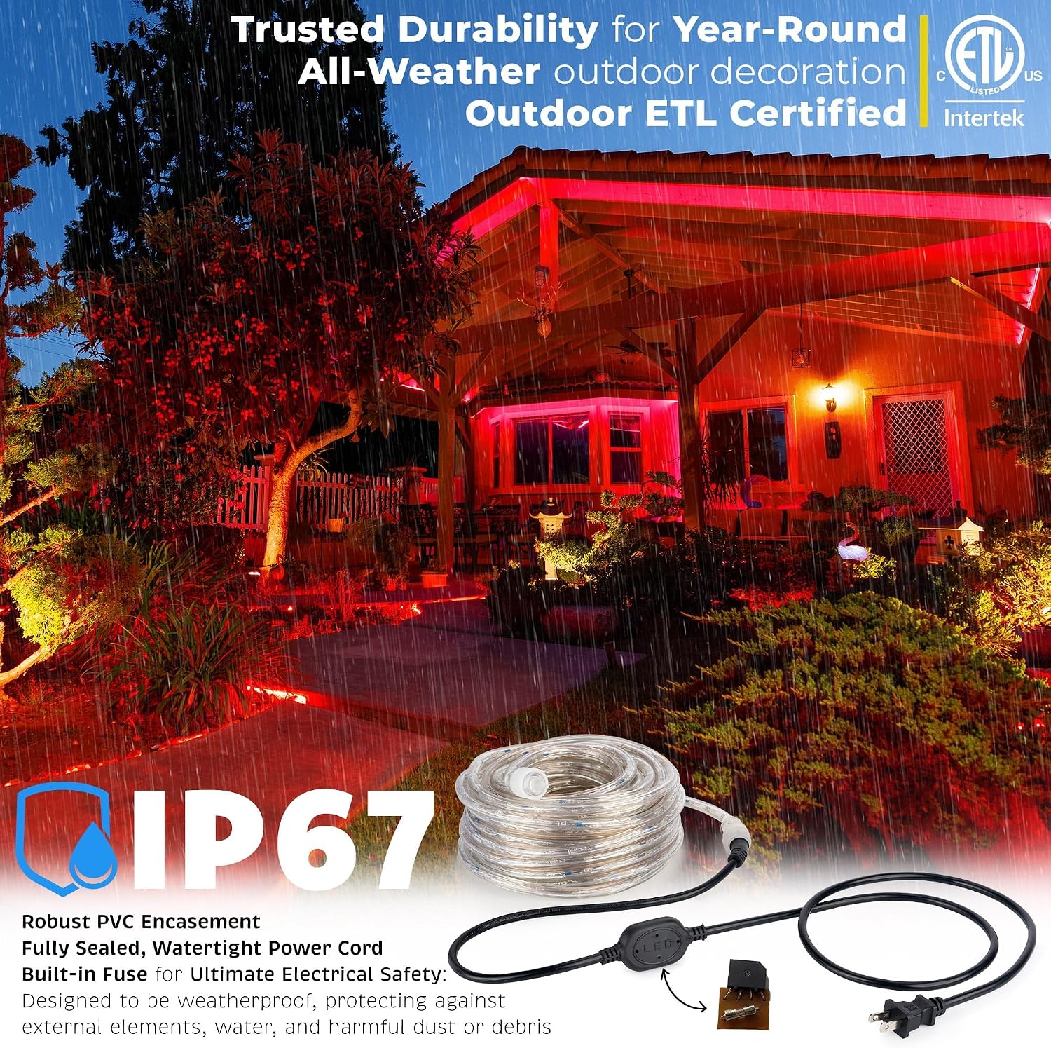 WYZworks 50 ft Red LED Outside Rope Lights - Heavy Duty Outdoor ETL Safety Certified Waterproof Flexible Connectable Accent, Holiday Christmas Exterior Palm Tree, Decoration Lighting