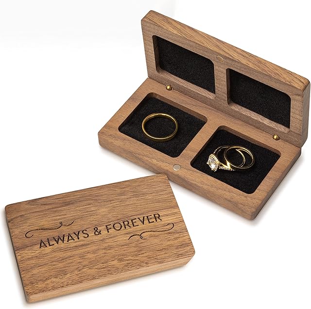 Prazoli Ring Box for Wedding Ceremony - Wooden Ring Bearer Box Wedding Accessories , Double Ring Boxes for Two Rings Case , Rustic Keepsake Wedding Ring Holder , Small His and Hers Ring Box For Couple