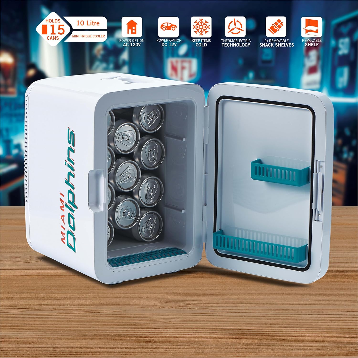Ukonic NFL Miami Dolphins 15-Can Mini Fridge 10L – AC/DC Powered, Official Team Colors & Logo, Portable Cooler for Tailgates, Home, Office, or Car