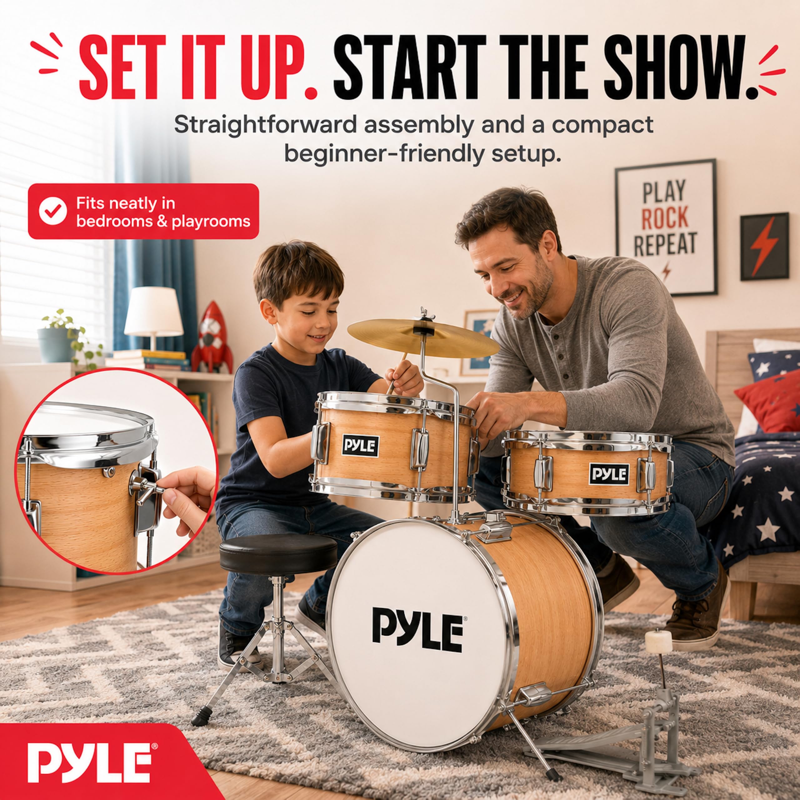 Pyle Set de Batterie Enfant – Kit de Batterie Musique Junior Débutant 3 Pièces avec Grosse Caisse de 33 cm, Caisse Claire, Tom, Cymbale, Siège Réglable, Sourdines, Baguettes, Naturel