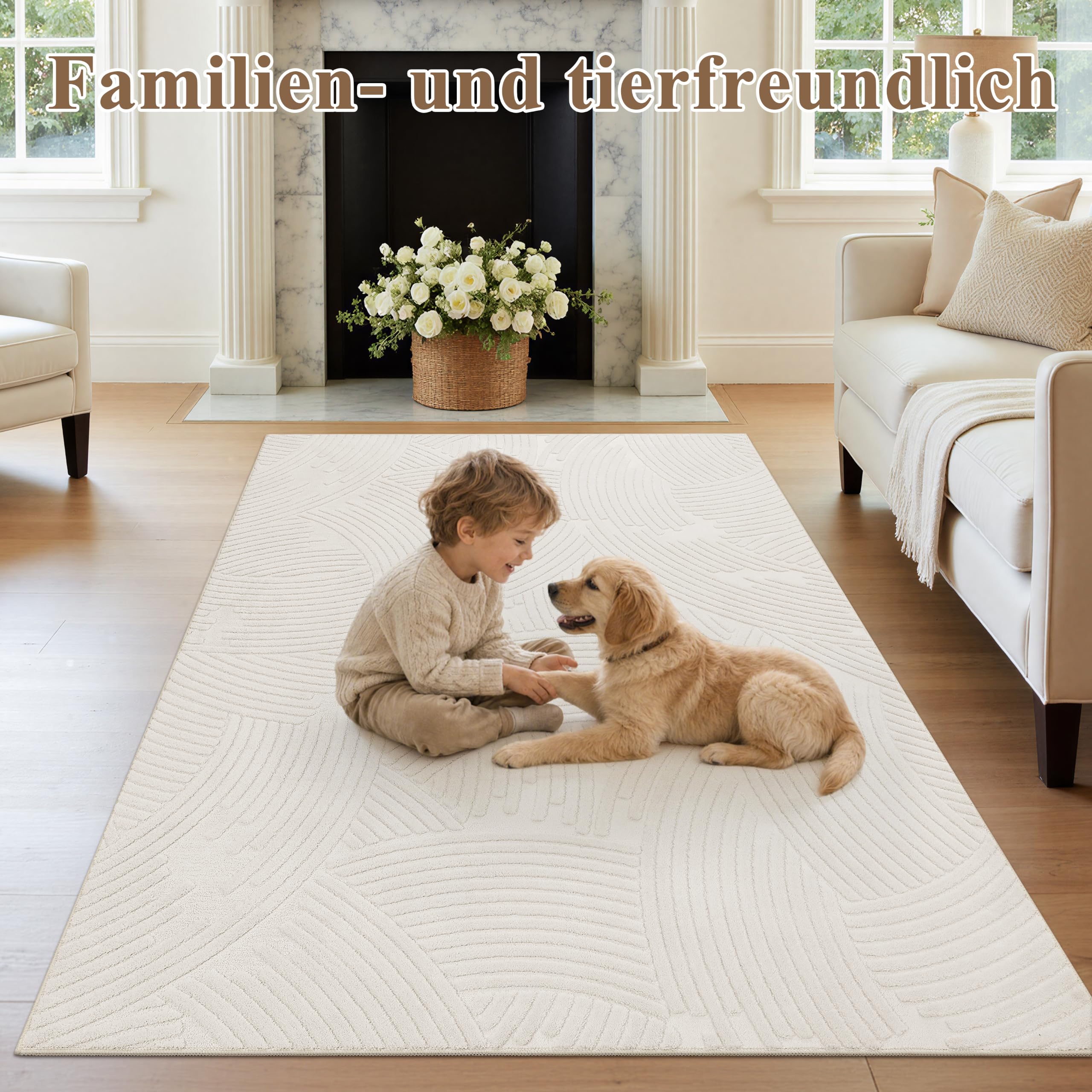 Waschbarer Teppich 160x230 cm für Wohnzimmer, Beige weich flauschig mit Rutschfester Unterseite, kurzflor Design für Schlafzimmer Esszimmer Büro