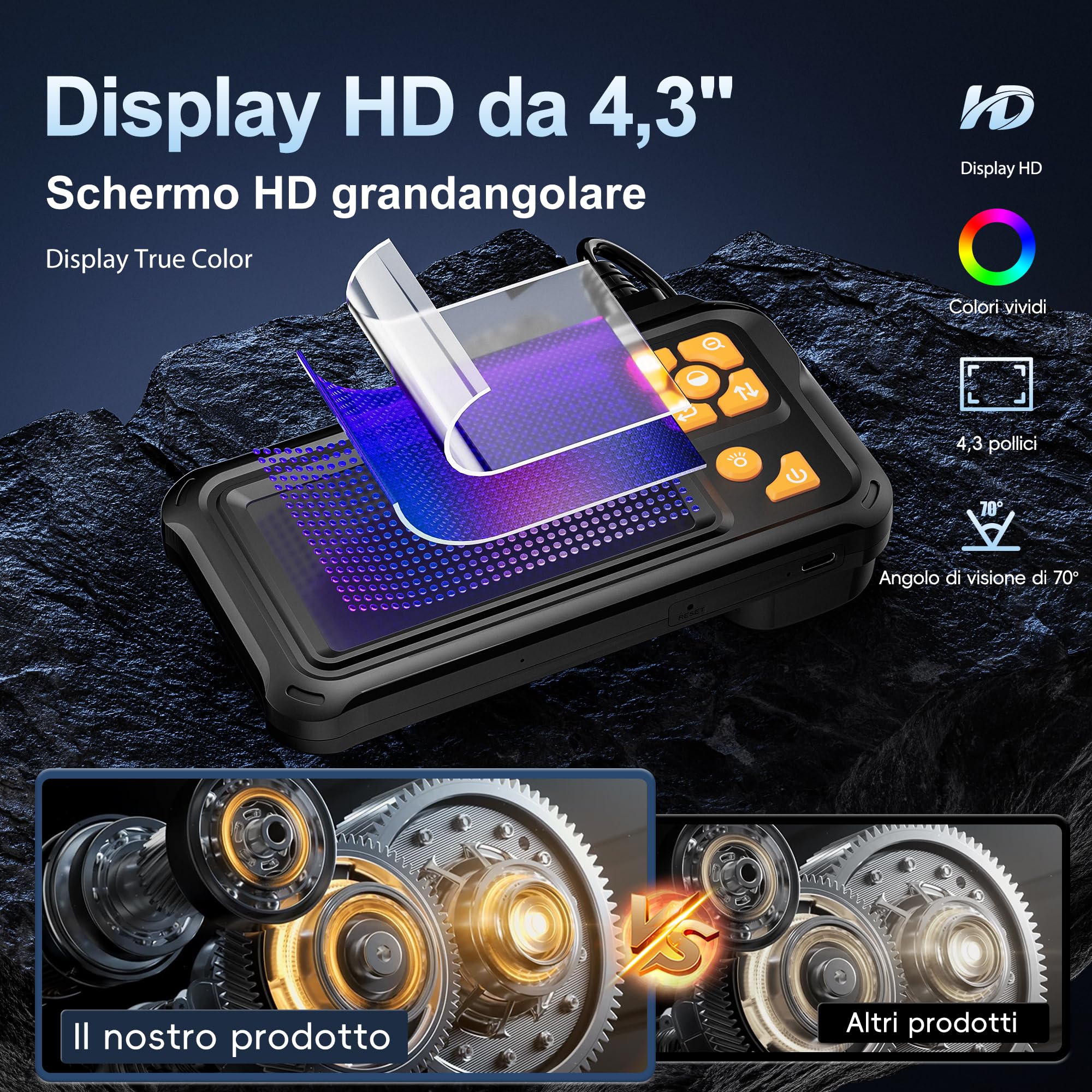 10m Industriale Endoscopio, Telecamera Ispezione Borescope HD 1080P con 8 Luci LED, Strumento Idraulico Impermeabile IP67 per Fognature con Schermo IPS 4.3", Cavo Semi-Rigido per Auto e Idraulica