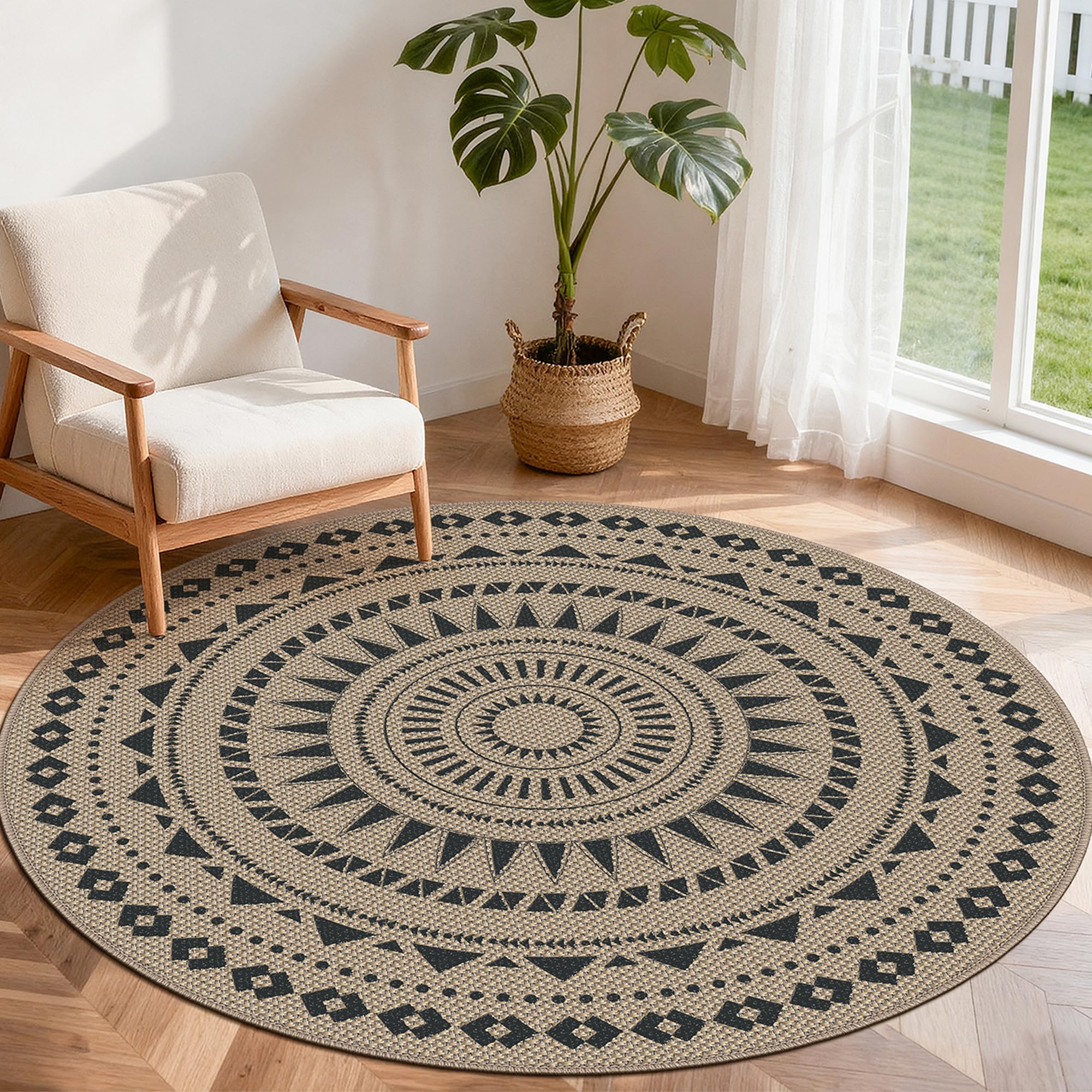 Alfombra Redonda de 160 cm de diámetro, Aspecto de Yute, Alfombra Antideslizante, Alfombra Lavable, empaque Plegable, Alfombra Redonda para Dormitorio, Sala de Estar y balcón