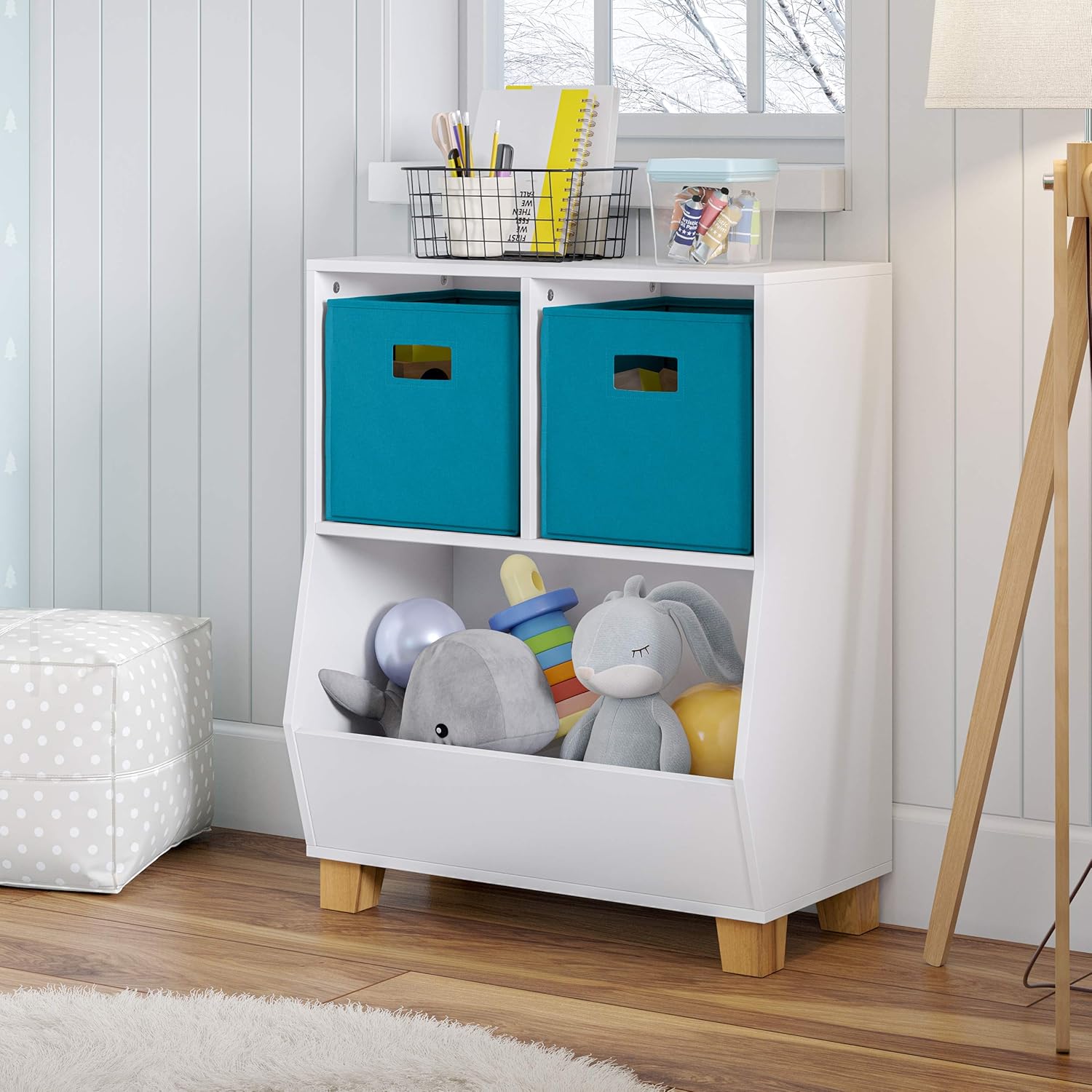 White Adjustable Kids Toy Organizer with Cubes and Storage Bin