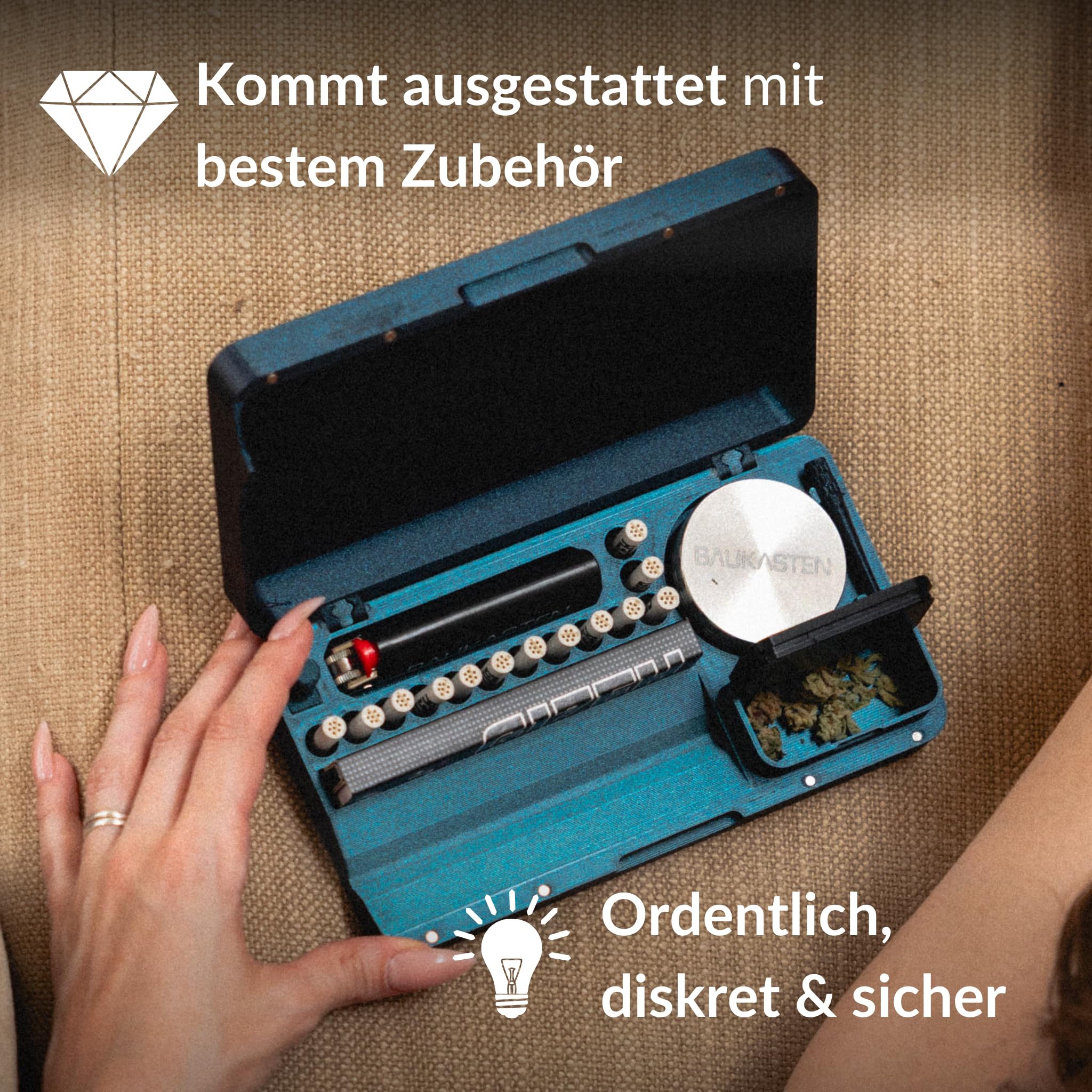 ORIGINAL mit Zubehör & Grinder - Organisierte & mobile Bau-Box mit Rolling Tray für bestes Bauen überall, sicheren Transport, sowie diskrete Aufbewahrung von allen Smoking Utensilien