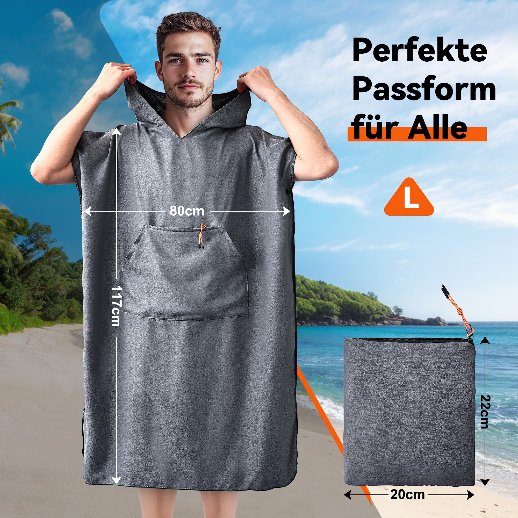 Mikrofaser Badeponcho Damen & Herren, Umziehhilfe & Handtuch zugleich, Schnelltrocknendes Surfponcho, Ultraleicht & Kompakt – Ideal für Strand, Reisen, Surfen, Camping, Schwimmen & Sauna