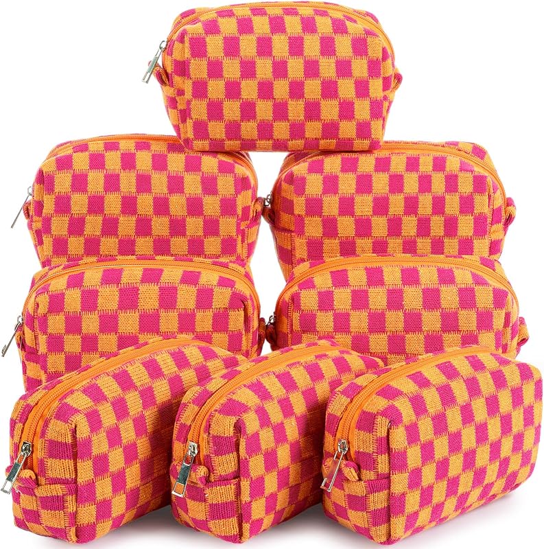 Gilprop 8 Necessaires de Maquiagem com Zíper, Estampa Xadrez, Vermelho-Laranja