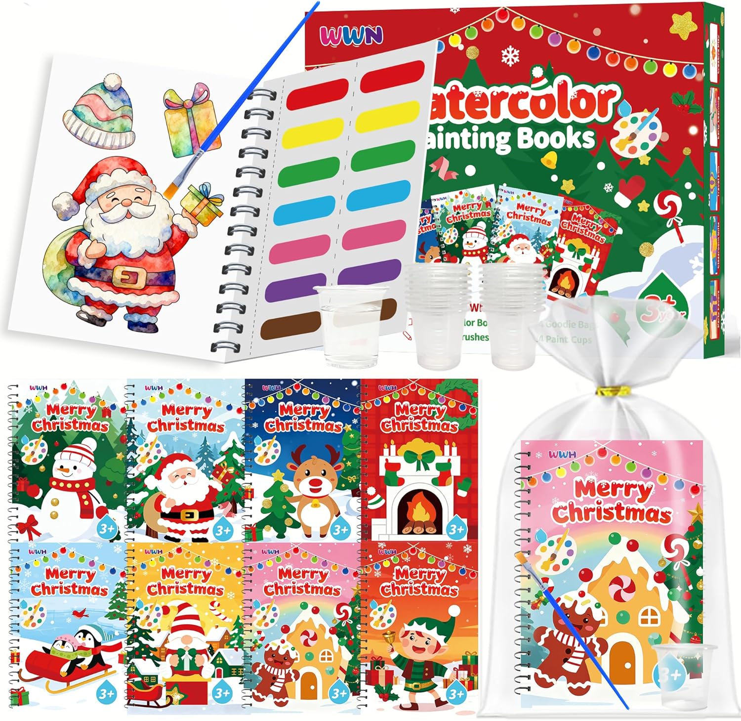 24 Pack Christmas Party Favors for Kids: Bulk Mini Water Coloring Books with 24 Water Cups, Stocking Stuffers Goodie Bag Fillers, Paint Art Crafts, Classroom School Prizes & Xmas Birthday Return Gifts