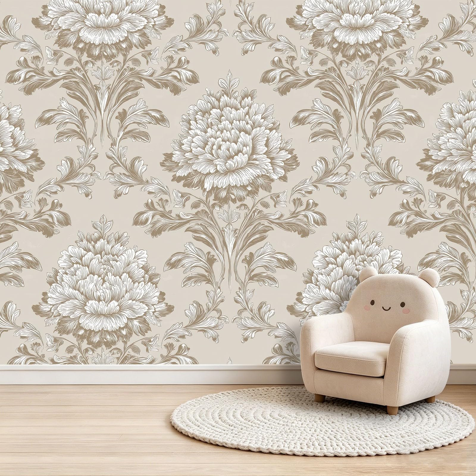 Fototapeta 300 x 210 cm ściany dekoracja salonu apartament główny adamaszek eleganckie kwiaty liście do sypialni salonu tapeta z włókniny, beżowy