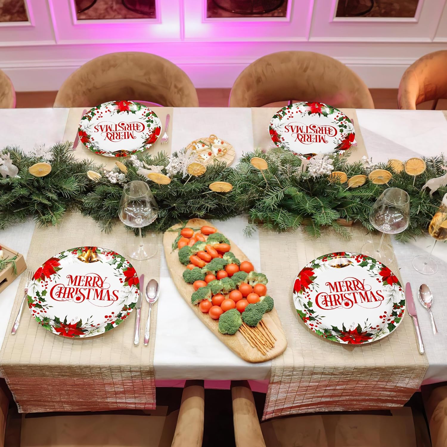 QZYL 100 PCS Christmas Plates, 9 Inches Christmas Dinner Plates, Round Poinsettia Holly Design Xmas Tableware, Xmas Decor Holiday Party Decorations for Chirstmas Party