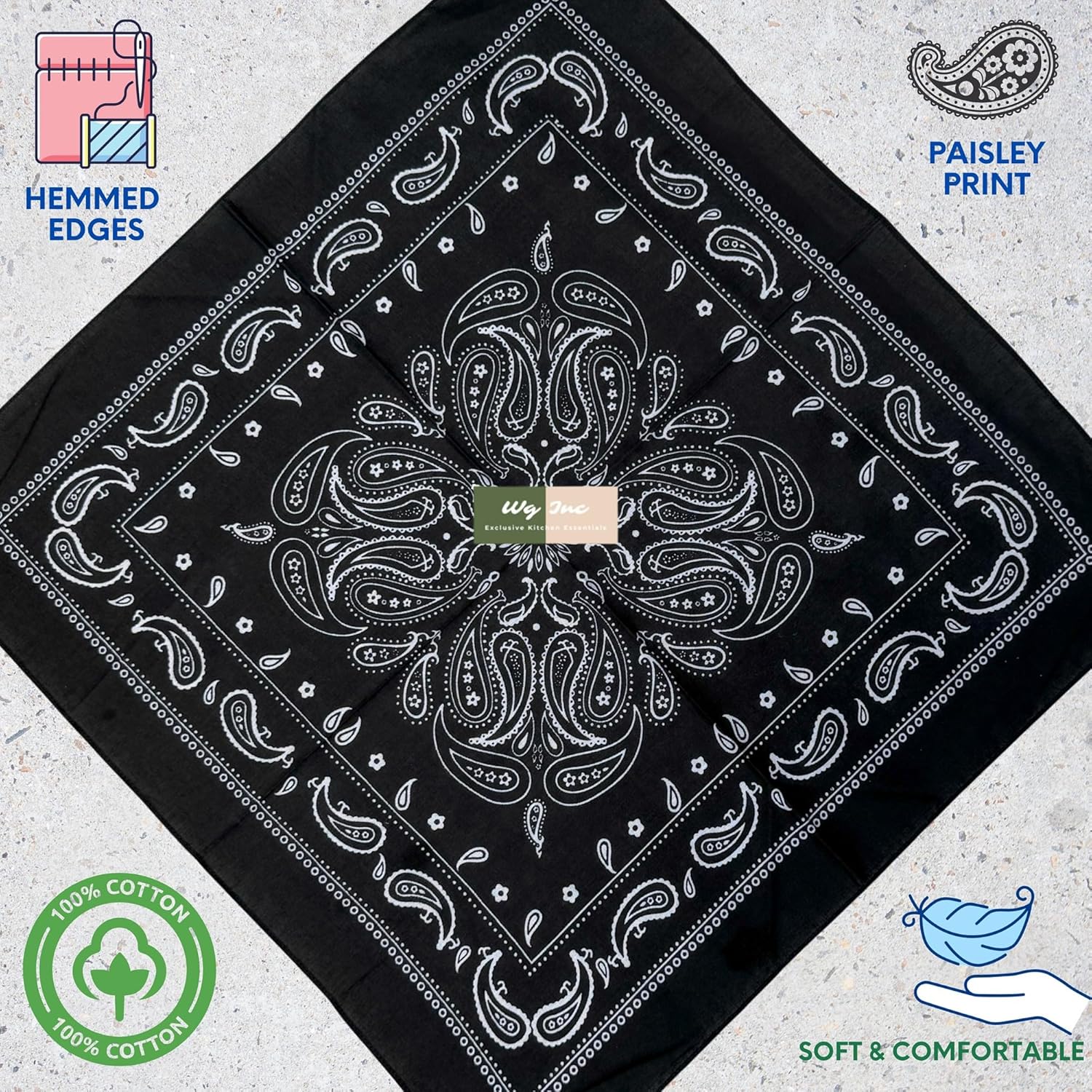 100% Cotton Bandana, 12 Pack, Black Bandanas for Men, Multi Purpose Bulk Bandana Bikers Headband, 21 X 21 Inches, Unisex soft Bandanas - Image 3