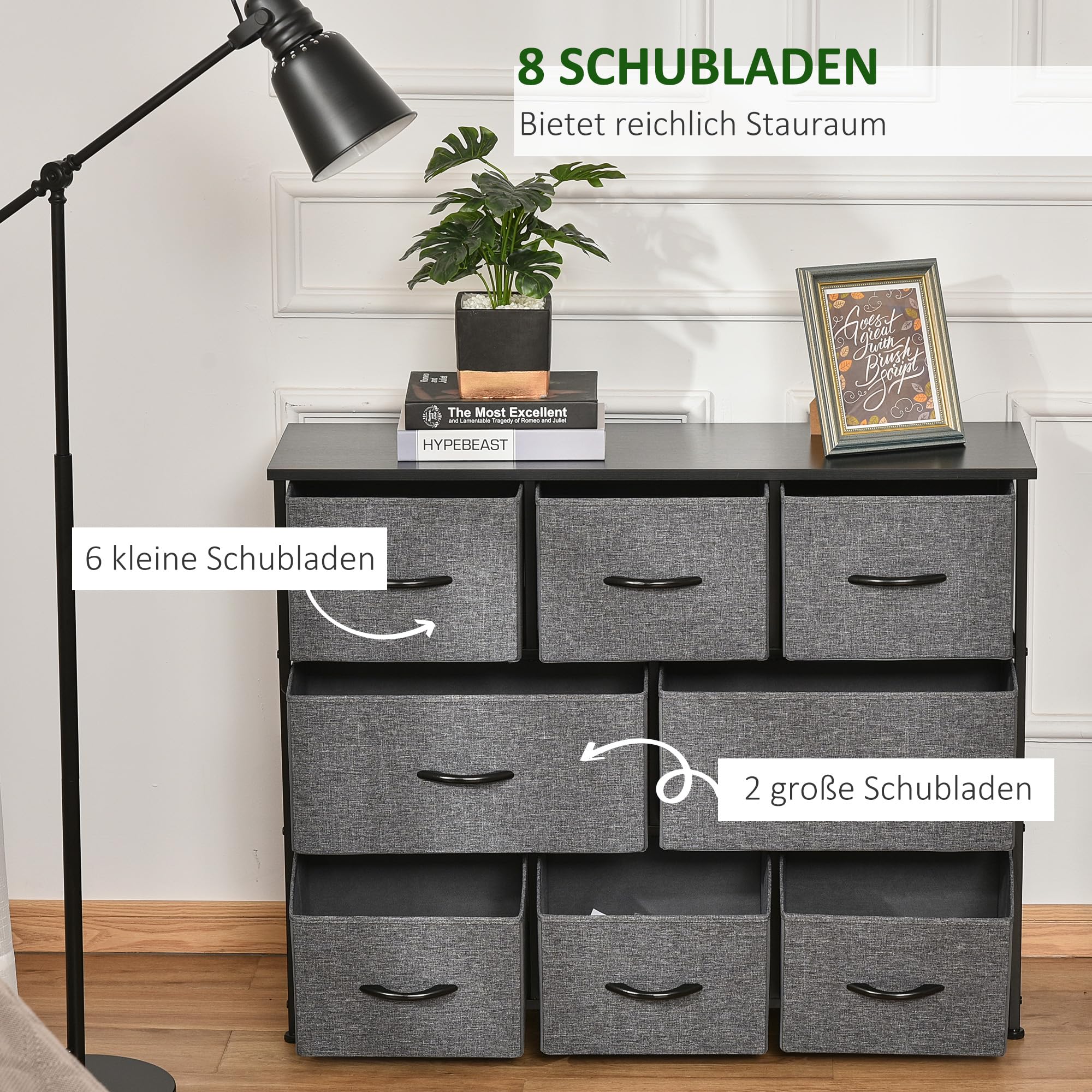 HOMCOM Komoda z 8 szufladami z materiału, szafka do przechowywania, szafka na komodę z uchwytami, metalowy stelaż, nowoczesny design, szafka do sypialni, salonu, ciemnoszara