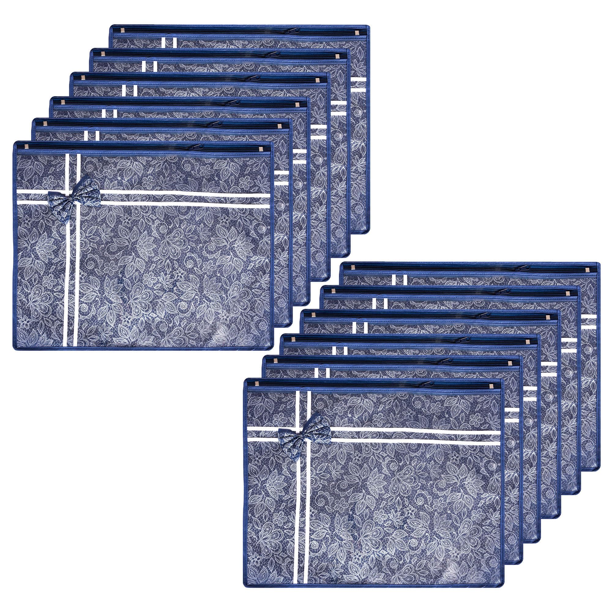 Kuber Industries Pack of 12 Saree Storage Bag | Wardrobe Storage Bag | Single Packing Cloth Storage Bag | Clothes Storage Bag | Bow-Top Visible Window Bag | Flower Printed | Navy Blue