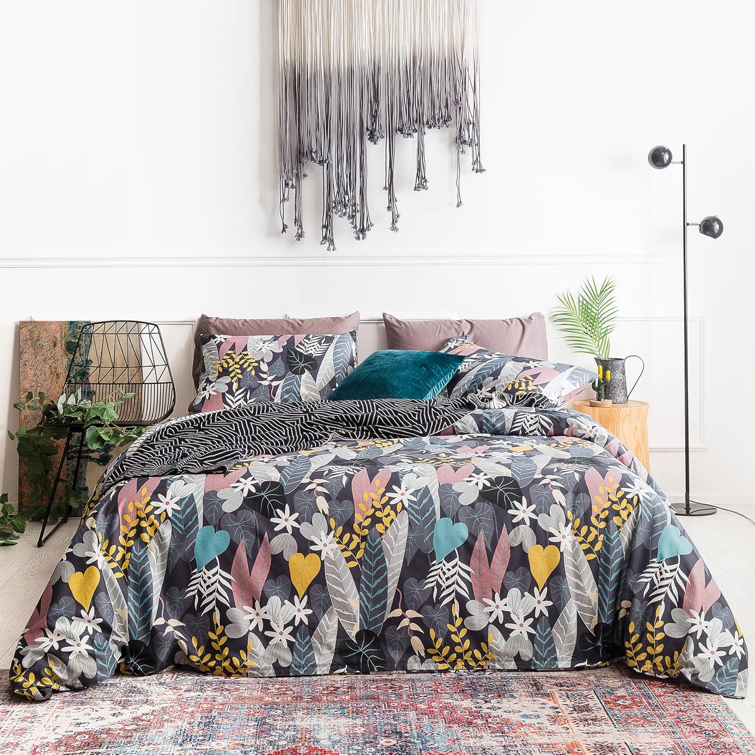 YuHeGuoJi Black Tropical Duvet Cover King 100% Cotton 3 Pcs Set 1 Colorful Boho Floral Duvet Cover with Zipper Ties 2 Pillowcases Farmhouse Yellow Blue Botanical Leaves Print Bedding Set Soft