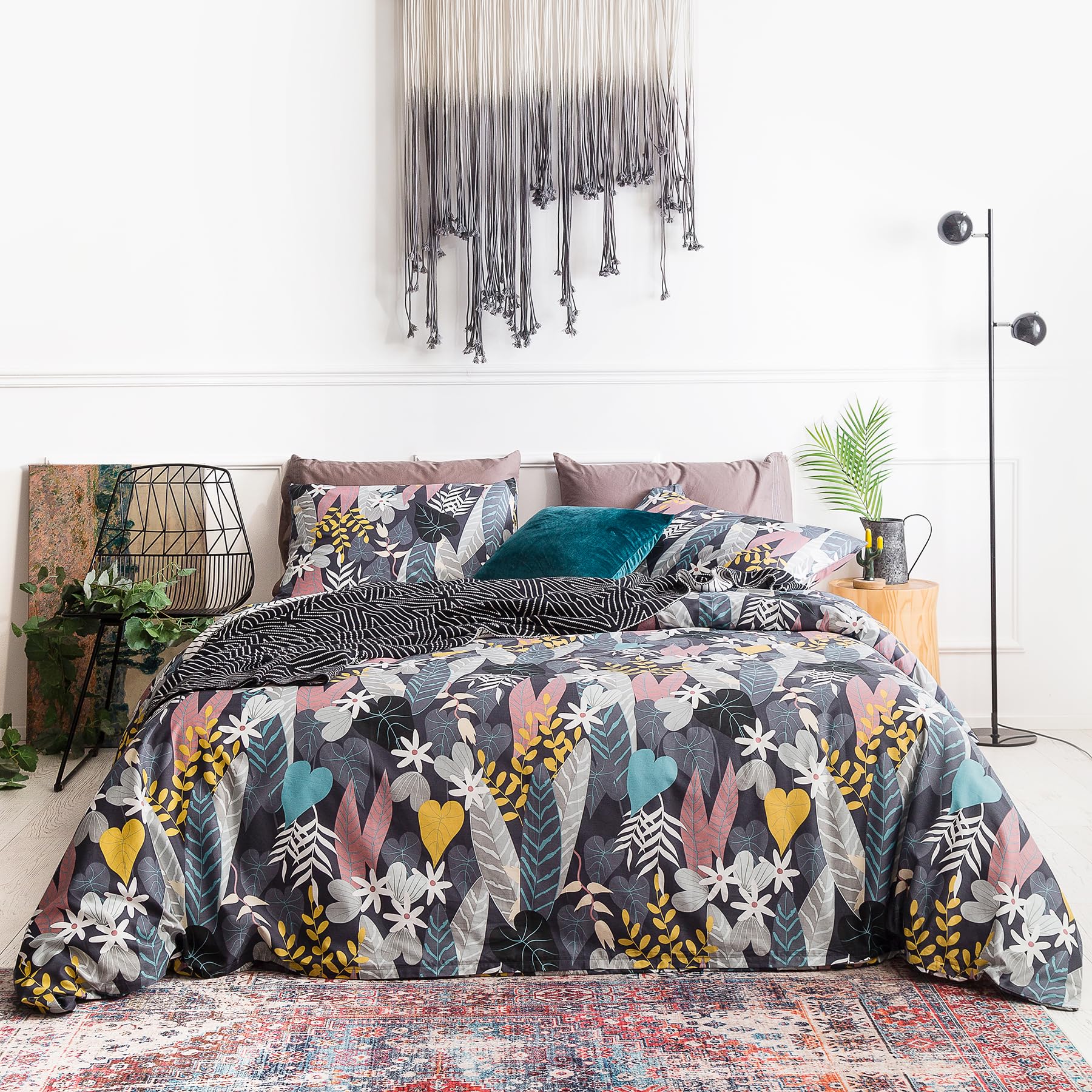YuHeGuoJi Black Botanical Duvet Cover King 100% Cotton 3 Pcs Set