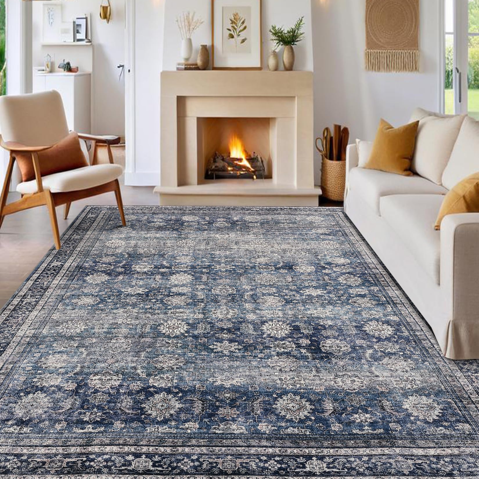 LuxFocus Washable Rugs 120x170cm, Vintage Distressed Area Rug Living Room, Low-Pile Oriental Carpet Bedroom, Non-Slip Traditional Carpets for Dining Room Home Office, Distressed Blue