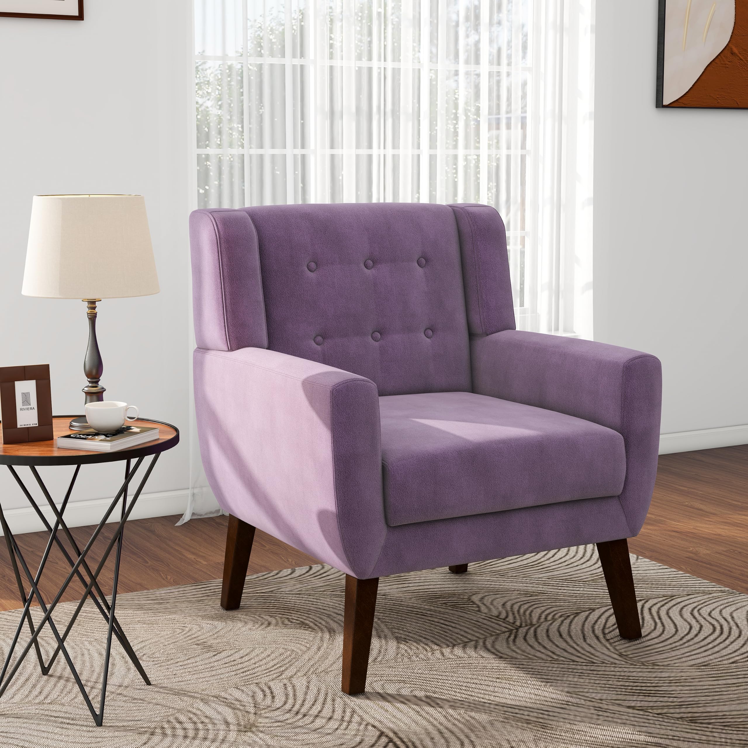 Pia Ricco Mid Century Modern Button Tufted Purple Velvet Accent Armchair for Living Room