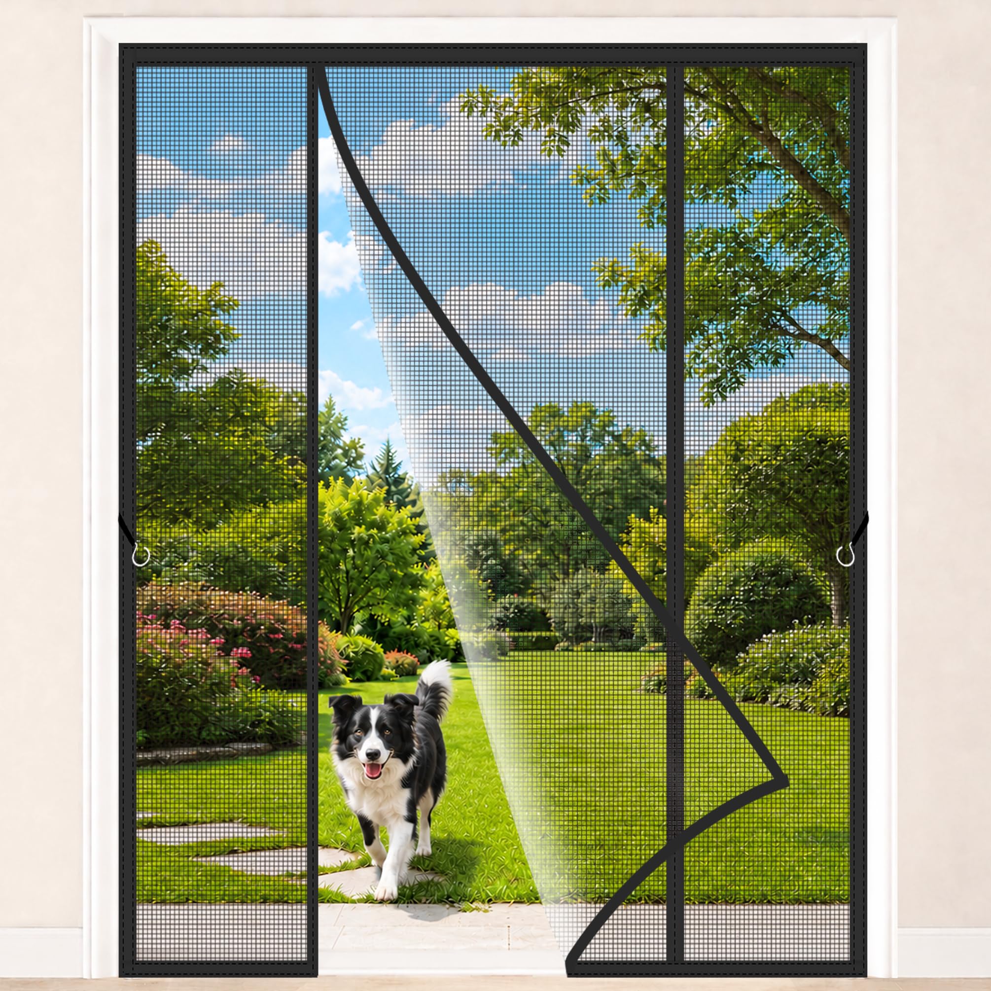 Double Opening Fly Screen Door Black 190x220cm French Door Reinforced Fiberglass Removable Insect Fly Mesh No Drilling for expansive Garden Openings and Rear House exits
