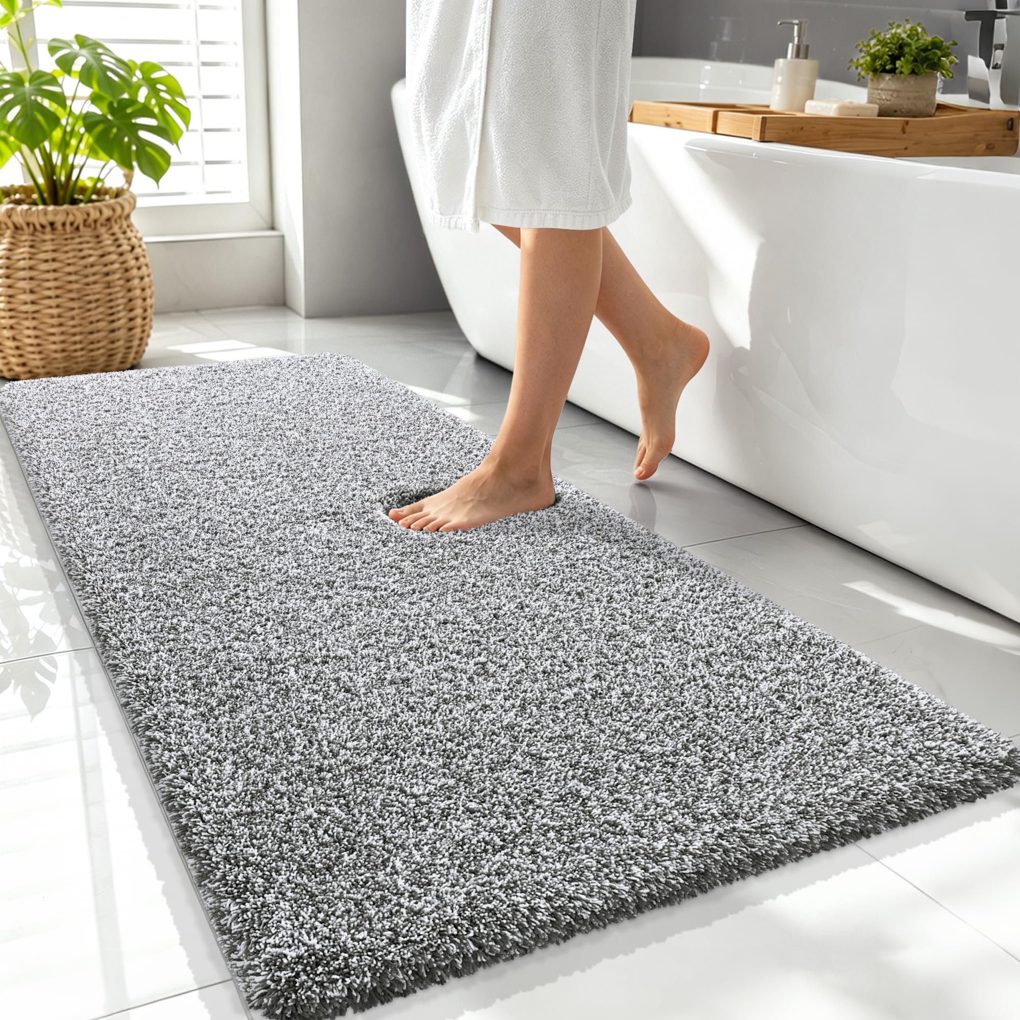 OLANLY Microfiber Bathroom Rugs 47x24, Quick Dry Mat, Dark Grey and White