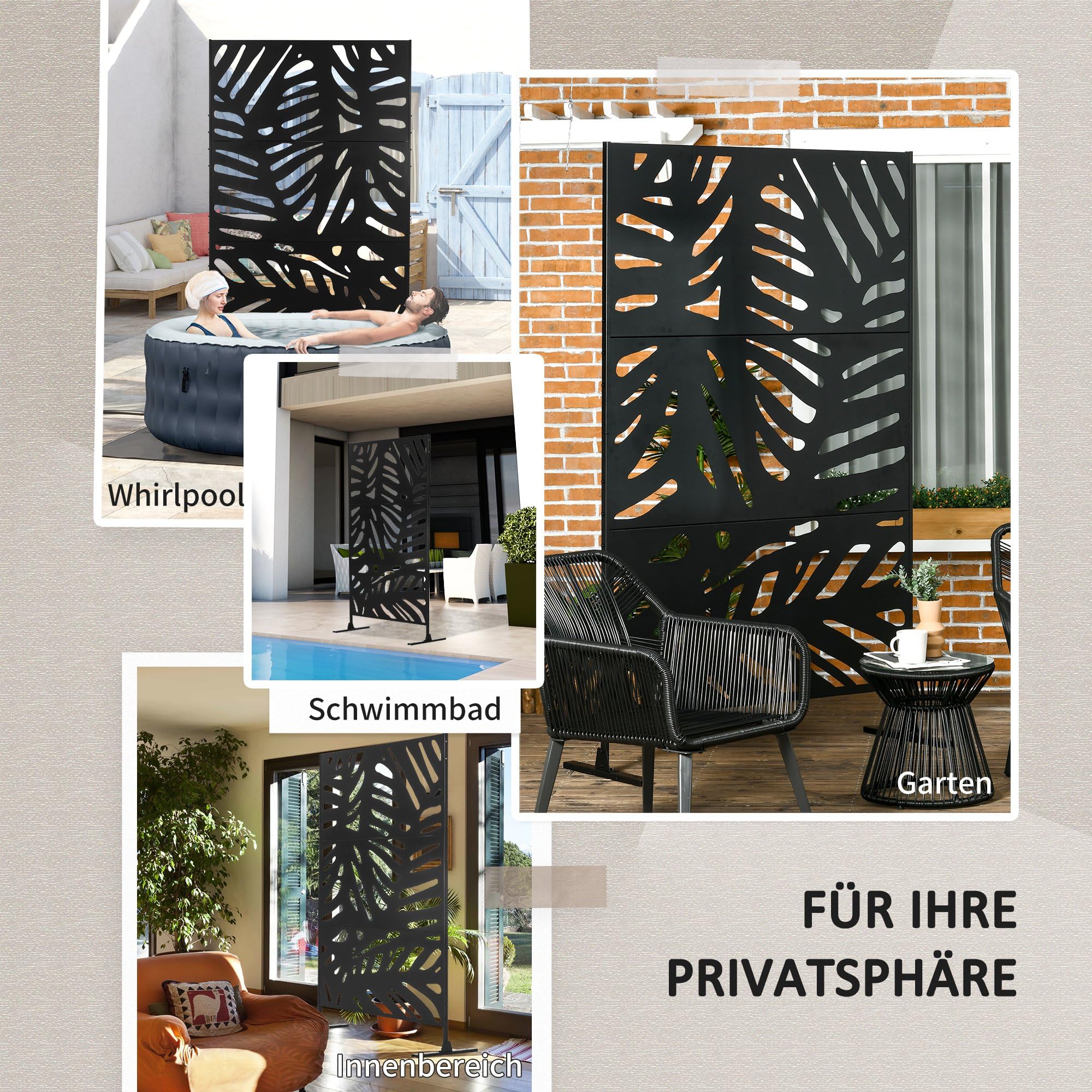 Outsunny Gartensichtschutz 122 x 198 cm Balkon Sichtschutz Stahl Schwarz | Mit Ständer, Trennwand, Raumteiler mit Blättermuster, Metall, für Terrasse, Garten