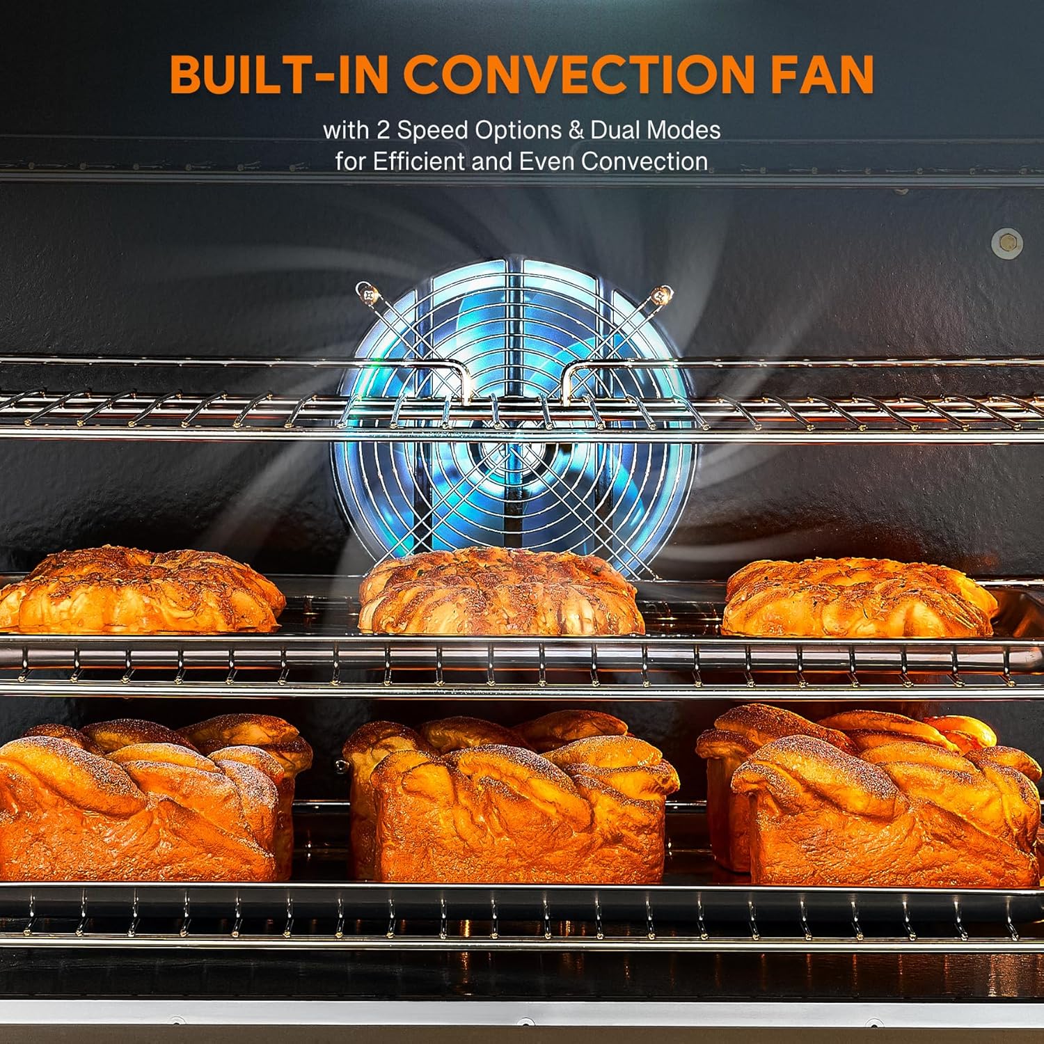 Close-up of the convection fan inside the oven, showing airflow